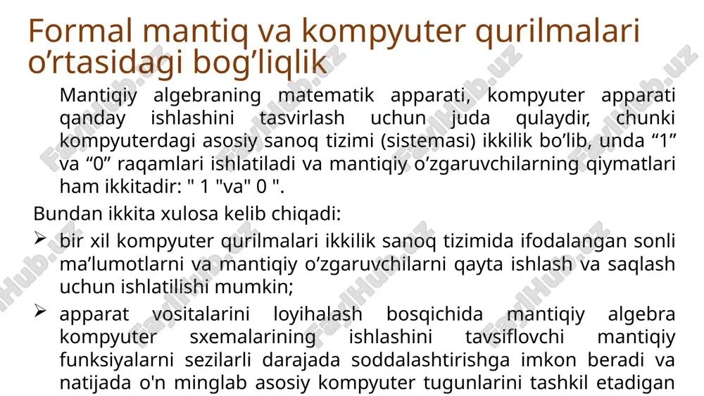 ifodalanishi mumkinligi sababli, ma'lumotni qayta ishlaydigan yoki saqlaydigan har qanday kompyuter qurilmalari, “gi’shtchalar" singari asosiy mantiqiy elementlardan yig'ilishi mumkin. kompyuterning mantiqiy elementlari elektr impulsi bo'lgan signallar bilan ishlaydi. impuls bor - signalning mantiqiy ma'nosi - 1, impuls yo'q - 0. argumentlarning signal-qiymatlari mantiqiy elementning kirish joylariga etib boradi, chiqishda funksiya signal-qiymati paydo bo'ladi. signalning mantiqiy elementga aylanishi holat jadvali bilan belgilanadi, bu aslida mantiqiy funksiyaga mos keladigan chinlik jadvali bo'lib, faqat mantiqiy sxemalar ko'rinishida taqdim etiladi. bunday shaklda mantiqiy operatsiyalar zanjirlarini namoyish qilish va ularning hisob-kitoblarini bajarish qulay. ushbu sxemalarning kirishiga 0 yoki 1 ga teng bo‘lgan mantiqiy o‘zgaruvchilar beriladi, ularning chiqishida esa, yana o‘sha mantiqiy qiymatlarni qabul qila olishi mumkin bo‘lgan funksiyalarning, ya’ni bul funksiyalarining qiymatlari olinadi. sxemalarda mantiqiy qiymatlar ma’lum bir kattalikdagi kuchlanishlar bilan ifodalanadi. odatda mantiqiy 0-ga 0 dan 1 v-gacha bo‘lgan kuchlanish, mantiqiy 1-ga esa 2 dan 5 v-gacha bo‘lgan kuchlanishlar mos keladi. ttl va esl …
