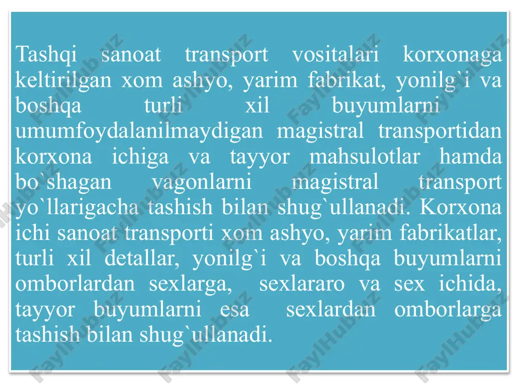 omonlariga quyidagilarni kiritish mumkin: -poezdlar umumiy og`irligi va harakat tezligining (15-40 km/soat) kichikligi; -yuk tashish zichligini ozligi; -izlarning burilish joylari kichik radiuslarda bo`lib, nisbiy ko`tarishlar kattaligi; -bekatlararo masofalarni kichikligi; -temir yo`llarini (izlarni) avtomobil yo`llari bilan kesishganligi ; -yo`lovchilar tashimasligi va boshqalar. 4.3.transportning yangi turlari yuk va yo`lovchilarni oqimlari tez suratlar bilan oshib borishi, odamlar kam yashaydigan, murakkab tonografiyali yerlarda va katta shaharlarda transport magistrallarini qurishning qiyinligi, harakat tezligi va ishlayotgan transport vositalari sonini oshirish, shinamliklar yaratish va tashish tannarxini kamaytirish masalalari transportning yangi va yuqori darajada rivojlangan turlarini izlab topishligini taqozo etadi. transportning yangi turlariga quyidagilarni kiritish mumkin: -havo yostiqchasi tamoyilida va magnit qutiblarida ishlovchi kema va ba'zibir apparatlar; -monorels (bir izli) yo`llar; -quvur orqali yuborgich transportining yangi turlari -xar xil transport vositalari kombinatsiyalari va odat tusiga kirmagan tamoyildagi tizimlar. havo yostiqchasi asosida ishlovchi suv kemalari, xx asr 60-yillaridan boshlab keng tarqala boshlagan bo`lib, hozirgi kunda, asosan, daryolarda va dengiz …