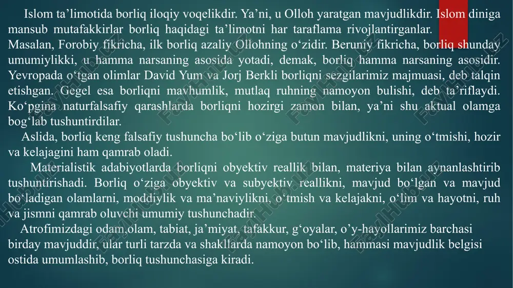 mpyuterlar yordamida (sunʼiy haqiqat) – texnik vositalar yordamida yaratilgan, insonga uning his-tuygʻulari orqali uzatiladigan dunyo: koʻrish, eshitish, )shakli haqida fikr yuritilmoqda. 4 muayyan jismning aynan shu jism ekanligini belgilovchi xususiyatlari uning atributlari bo‘ladi. borliqning ham bir qancha atributlari mavjuddir. ular: harakat, fazo, vaqt, in’ikos, ong va boshqalar. borliq o‘zining xossalari, xususiyatlari orqali namoyon bo‘ladi. endi borliqning atributlari, ya’ni ajralmas tub xususiyatlari haqida to‘xtab o‘taylik. substansiya tushunchasining mohiyati. falsafa tarixida o‘zining mavjudligi uchun o‘zidan boshqa hech narsaga muhtoj bo‘lmagan birinchi asosni ifodalash uchun «substansiya» (lot. substantia – mohiyat, asos) kategoriyasi qo‘llaniladi. . ilk falsafiy yo‘nalishlarning vakillari barcha narsalar asosini tashkil etuvchi moddani birinchi asos sifatida tushunganlar. odatda, bunday asos sifatida o‘sha davrda umumiy e'tirof etilgan birinchi stixiyalar: yer, suv, havo, olov yoki fikriy konstruksiyalar, «birinchi g‘ishtlar» - apeyron, (yun. apeiron — cheksiz) atomlar qaralgan. “avesto”da birlamchi substansiya olov deb atalgan. keyinchalik substansiya kategoriyasi o‘zgarmas, nisbatan barqaror va hech narsa bilan bog‘liq …