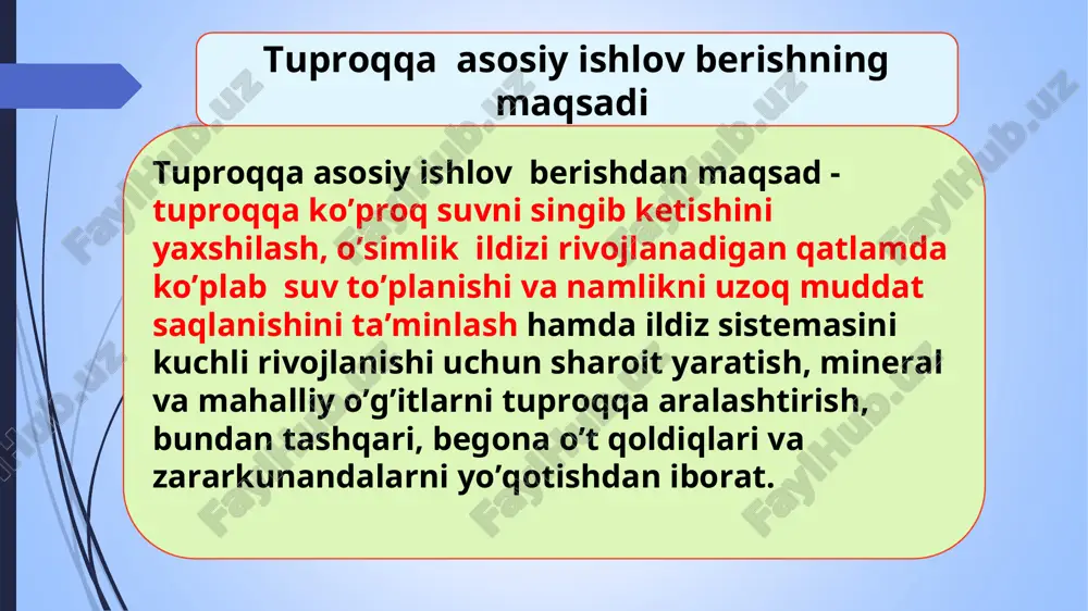 shatish begona o’tlarni yo’qotish tuproq yuzasini tekislash tuproqqa ekishdan oldin ishlov berish usullari va ularning vazifalari tirmalash molalash chizellash tekislash tuproqdagi namlikni bug’-lanib ketmasligi uchun uning yuzasida bir tekis yumshatilgan qatlam hosil qilish ham-da mayda notekisliklar va begona o’tlarni yo’qotishdan iborat. tuproqni urug’ ekish chuqurligiga teng bo’lgan yuzasida bir tekis zichlangan qatlam hosil qilish hisobiga tup-roqning ostki qatlamidagi namlikni yuqo-riga ko’tari-lishi ta’minlashdan iborat tuproqning yuqori qatlamini 12-16 sm chuqurlikda yumshatish, begona o’t-larning ildizlari-ni qirqish va dala yuzasini tekislash-dan iborat maydon yuzasini tekislash hisobiga sug’orish ishlarini yuqori saviyada amalga oshi-rish natijasida ekinlardan yuqori hosil olishni ta’minlashdan iborat 2. tirmalash mashinalarining turlari tirma tishlarining turlari a)-kvadrat; b)-romb; v)-maxsus; g)-ellips; d)-aylana; ye)-elaksimon tirma tishi; j)-pichoqsimon; z)-prujinasimon; i)-sferik diskli; k)-kesilgan diskli diskli tirmaning umumiy ko’rinishi tdb-5 rusumli diskli tirma erni molalash - tekislash mashinalari mv-6 mola-tekislagichni tuzilishi: a – mola pichog’ini o’rnatish sxemasi; b – qurolning umumiy ko’rinishi; 1 – pichoq; 2 – gidrotsilindr; …