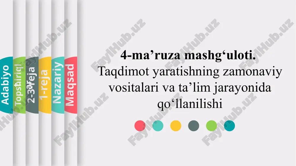 izayn va vizual taqdimotlar yaratish uchun qulay va moslashuvchan platforma bo'lib, foydalanuvchilarga o‘z ijodiy g'oyalarini sodda va tezkor usulda hayotga tatbiq etishga imkon beradi. canva ayniqsa oddiy va murakkab dizaynlar yaratishda keng qo'llaniladi, masalan, posterlar, bannerlar, ijtimoiy media grafikalar, taqdimotlar, slaydlar va boshqalar uchun. taqdimotga quyiladigan talabalar quyidagicha: 1) taqdimot o‘quv fan dasturi mavzusiga mos bo‘lishi zarur: 2) taqdimot belgilangan mavzu va uning rejalarini tushunarli, ravon tilde, qiziqarli va rasmli, multimediali usulda bayon qilishi kerak: 3) taqdimotda qo‘llaniladigan rasmlar, animatsiyalar va videolavhalar mavzuga, uning bo’limlariga bog‘liq bo‘lishi lozim; 4) taqdimotning rejasidagi mavzuga doir bo‘limlarga qarashli materiallar o‘zaro bog‘liq, mantiqiy davomiyligi bilan va o‘zaro va mavzuga aloqadorligi bilan tasniflanadi. 5) o‘quv materiallarda mazmuni fanga va mavzuga doir, uni yoritishni maqsad qilgan, tushunarli, ilmiyligi va izchilligi bo‘lishi zarur. rejadagi bo’limlar esa o‘zaro bog‘liqlikda beriladi maqsad nazariy 1-reja 2-reja topshiriq adabiyot nazorat uchun savollar 1. animatsiya nima va u qanday usullar bilan yaratiladi? …