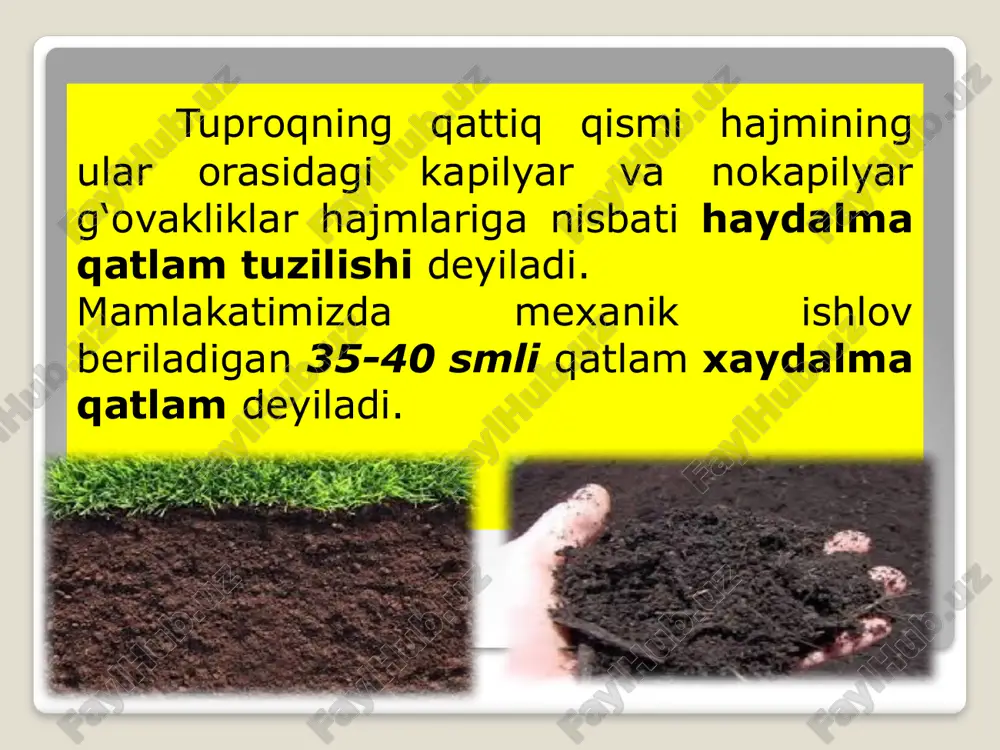 azn deb ataladi va g/sm3 bilan ifodalanadi. tuproq uchta fazadan iborat suyuq qattiq havo g‘o‘za uchun eng maqbul hajmiy vazn 1,1 -1,4 g/sm3dir. tuproq hajmiy vazning ortishi uni suv xususiyatlariga salbiy ta’sir etadi. tuproqning xajmiy vazni -erni ishlash usullari, texnika, sug‘orish, chirindi miqdori, tuproqni muzlashi va erishi xamda boshqalar ta’sir etadi. maqbul hajmiy vaznga ega bo‘lgan tuproqning suv – fizik, agrokimyoviy xossalari, sug‘orish, oziqa, havo maromlari. mikroolam hayoti o‘simlik uchun maqbul bo‘ladi, ildiz tuzimlari yaxshi rivojlanadi, uning vazni ham ortiq er ustki qismlar er hayot omillari bilan to‘la ta’minlanadi. xajmiy vazni sug‘oriladigan, serchirindi, g‘ovak bo‘z tuproqlar xajmiy vazni o‘rtacha 1,2 - 1,5 g/sm3, ilmiy ma’lumotlarga ko‘ra mamlakatimiz paxtachilik mintaqasi tuproqlarining xaydov qatlamdagi xajmiy vazni 1,2 -1,4 bo‘lgani ma’qul. mexanik tarkibi og‘ir, chirindisi kam tuproqlarda 1,7–1,9 g/sm3 bo‘ladi. solishtirma og‘irlik ma’lum hajmdagi absolyut quruq tuproq qattiq qismi og‘irligining +4 haroratdagi xuddi shunday hajmdagi suvning og‘irligiga bo‘lgan nisbatiga tuproqning solishtirma og‘irligi deyiladi.tuproq …