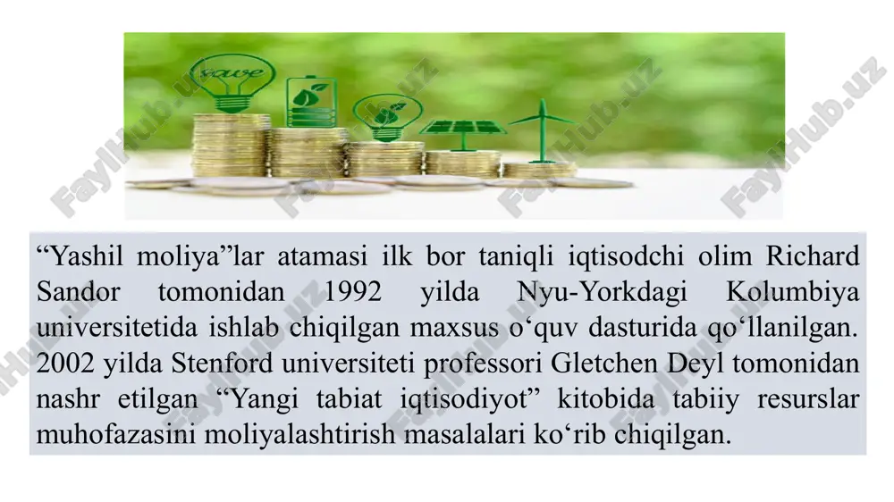 i va usullari qo‘llab-quvvatlash choralari “yashil” loyihalarni moliyalashtirish dastaklari va usullari davlat tomonidan tartibga solish dastaklari soliq imtiyozlari standartlarni joriy etish atrof-muhitga zarar keltiruvchi kompaniyalarni qo‘llab-quvvatlashdan voz kechish usullari imtiyozli tariflar tiklanadigan energiya uchun kvotalar davlat tomonidan moliyalashtirish dastaklari grantlar subsidiyalar ekologik dasturlar kreditlash dastaklari loyihaviy moliyalashtirish qarz fondlari “yashil” obligatsiyalar usullari imtiyozli kredit stavkalari risklarni pasaytirish dastaklari kredit kafilligi va kafolatlar sug‘urtalash ayirboshlash kursi va foiz stavkasining volatilligidan himoyalash 2015-2017 yillarda suveren jamg‘armalar tomonidan amalga oshirilgan “yashil investitsiyalar” miqdori, mlrd. doll 4.jahon moliya bozorida “yashil obligatsiyalar”ning o‘rni “yashil obligatsiyalar”dan foydalanish yo‘nalishlari energetika resurslari (energiya samaradorligi, energiya tejamkorligi, muqobil energiya manbalari) atrof-muhit tozaligini saqlash (sanoat va maishiy chiqindilarni yo‘q qilish samaradorligini oshirish); bio xilma-xillikni oshirish, qishloq va o‘rmon xo‘jaligi samaradorligini oshirish); ekologik sof transport; suv resurslari 5.tiklanadigan energiya manbalarini o‘zlashtirishni investitsiyalash xususiyatlari hozirda tiklanadigan energiya manbalariga sarflanayotgan investitsiyalarni moliyalashtirish quyidagi manbalar hisobidan amalga oshirilmoqda: korxona va korporatsiyalarning sof foydasi; korxona …