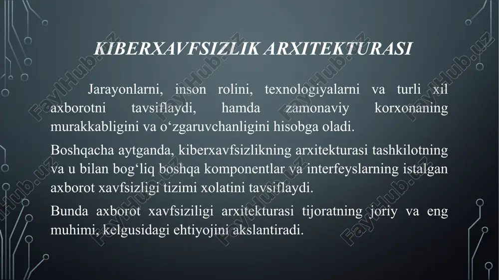 oshqa tizimlardan ma’lumotlar uzatilishida himoyani ta’minlaydi. risklarni kamaytirish xavfsizlik siyosatini amalga oshirish orqali tashqi manbalardan bo‘lishi mumkin bo‘lgan risklar kamaytiriladi. agar xodimlar xavfsizlik siyosati asosida harakat qilsalar, ma’lumot va resurslarning yo‘qolishi holatlari deyarli kuzatilmaydi qurilmalardan foydalanish va ma ’lumotlar transferining monitoringlanishi va nazoratlanishi xavfsizlik siyosati xodimlar tomonidan amalga oshirilgani bois, ma’murlar tashkilotdagi trafikni va foydalanilgan tashqi qurilmalarni doimiy tarzda monitoringlashi zarur. kiruvchi va chiquvchi trafikning monitoringi va auditi doimiy ravishda amalga oshirilishi shart xavfsizlik siyosatining afzalliklari tarmoqning yuqori unumdorligi xavfsizlik siyosati to‘g‘ri amalga oshirilganida va tarmoq doimiy monitoring qilinganida ortiqcha yuklamalar mavjud bo‘lmaydi. tarmoqda ma’lumotni uzatish tezligi ortadi va bu umumiy samaradorlikni ortishiga olib keladi muammolarga darhol javob berish va harakatsiz vaqtning kamligi xavfsizlik siyosatini amalga oshirilishi tarmoq muammolari kuzatilganida darhol javob berish imkoniyatini taqdim etadi boshqaruvdagi hayajon darajasining kamayishi xavfsizlik siyosati amalga oshirilganida boshqaruvchi kam hayajonga ega bo‘ladi. xavfsizlik siyosatidagi bir vazifa tashkilotning biror xodimiga biriktirilishi shart. agar ushbu …