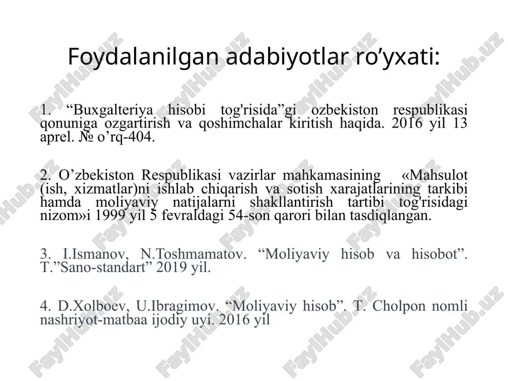 qoldiq qolmaydi. 10 masalan: soddalashtirnlgan soliq tizimi d-t k-t yagona solik tolovi yast 4 % yagona soliq tolovi hisoblandi 9820 6410 hisoblangan yagona solik tolovi byudjetga otkazildi 6410 5110 hisoblangan yagona soliq tolovi hisobdan chiqarildi 9910 9820 qoshilgan qiymat solig'i d-t k-t tayyor maxsulot xaridorga jonatildi 4010 9010 jonatilgan mahsulot uchun xaridordan pul tushdi 5110 4010 jonatilgan mahsulot uchun kqs hisoblandi 9010 6412 hisoblangan qqs byudjetga otkazildi 6412 5110 jonatilgan mahsulot boyicha natija aniqlandi. 9010 9910 moliyaviy natija aniqlandi. 9910 8710 11 daromadlarning guruhlanishi 9500-9590 9300-9390 9000-9050 asosiy faoliyat daromadi 3 moliyaviy faoliyat daromadi 1 2 boshqa operatsion daromadlar 4 favqulodda foyda 9710 12 moliyaviy natijalarning shakllanishi va ishlatilishi mahsulotni sotishdan olingan yalpi foyda, bu sotishdan olingan sof tushum bilan sotilgan mahsulotning ishlab chiqarish tannarxi ortasidagi tafovut sifatida aniqlanadi: 13 1 yaf=sst-it 2 yaf — yalpi foyda; 3 sst — sotishdan olingan sof tushum; 4 it — sotilgan mahsulotning ishlab …