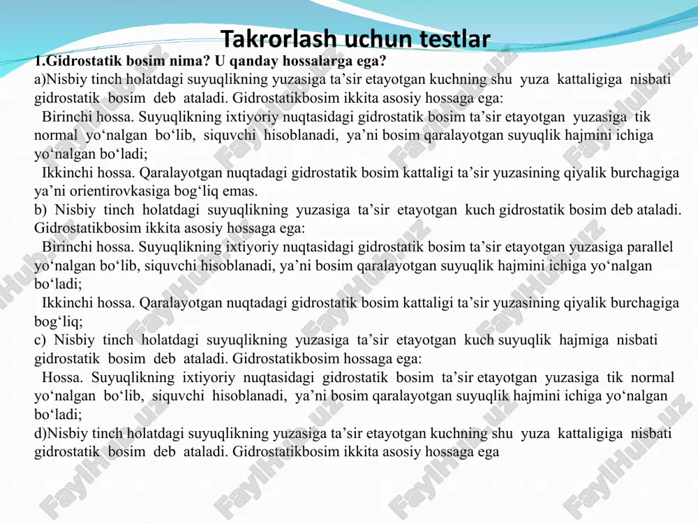 b (b=const).cc‘ vertikal tekislikni va x, z koordinata o‘qlarini belgilab olamiz.egri sirtga suyuqlik tomonidan ta’sir etayotgan r gidrostatik bosim kuchining gorizontal va vertikal tashkil etuvchilarini rx va rz deb belgilab olamiz. de vertikal tekislikni o‘tkazib, abced suyuqlik hajmini belgilab olamiz egri sirtlarga ta’sir etuvchi gidrostatik bosim kuchi. bosim tanasi va uni qurish qoidalari 1. de qirraga chap tomondagi suyuqlik tomonidan ta’sir etayotgan kuch –rh; 2. o‘zanning ec qismidan ta’sir etayotgan kuch – rd; 3. egri sirt tomonidan ta’sir etayotgan reaktsiya r (rx, rz ) kuchi (gorizontal va vertikal tashkil etuvchilarga ega); 4. qaralayotgan suyuqlikning og‘irlik kuchi – g: abcedhajmga ta’sir etayotgan bu kuchlarningxvau o‘qlarga proektsiyalarining muvozanat tenlamasini yozamiz: bundan, chunki , demak, yoki gorizontal tashkil etuvchisi rx – shu sirtning o‘ziga tik bo‘lgan vertikal tekislikka ta’sir etuvchi gidrostatik bosim kuchiga qiymat jihatdan teng: vertikal tashkil etuvchisi rz– shu sirtning bosim tanasidagi suyuqlik og‘irligiga teng: bu yerda: – suyuqlikning hajmiy og‘irligi; …