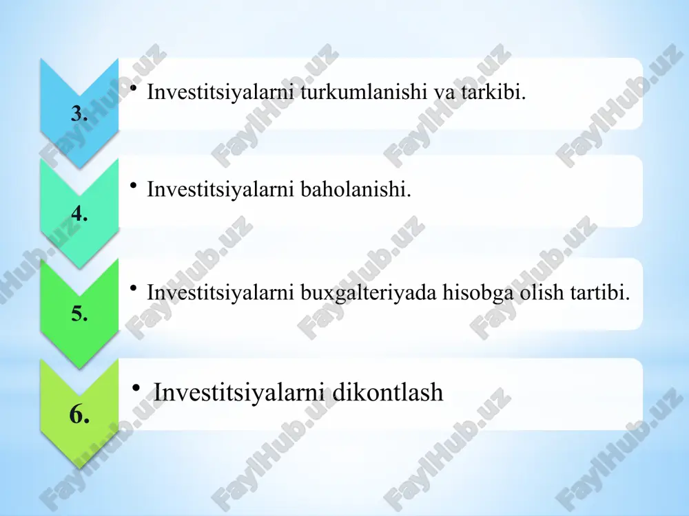 omli bhmsga muvofiq moliyaviy investitsiyalarni xarid qilish chogida ular xarid qiymati bo‘yicha baholanadi va bu qiymatga brokerlar xizmati uchun to‘langan haq, bank xizmati uchun to‘lovlar, bojlar va boshqa xarajatlar kiritiladi. xo‘jalik yurituvchi subyektlar uzoq muddatli moliyaviy investitsiyalarni quyidagi baholarda hisobga olib boradi: harid bahosida ; •qayta baholashni hisobga olgan qiymatda; •qimmatli qog‘ozlar portfeli asosida aniqlanadigan xarid va joriy qiymatlar yuzasidan eng kam baholashda. 5. investitsiyalarni buxgalteriyada hisobga olish tartibi «qimmatli qog‘ozlar - bu ularni chiqargan shaxs bilan ularning egasi o‘rtasidagi mulkiy huquqlarni yoki qarz munosabatlarini tasdiqlovchi, dividend yoki foiz ko‘rinishida daromad to‘lashni hamda ushbu hujjatlardan kelib chiqadigan huquqlarni boshqa shaxsga berish imkoniyatini nazarda tutuvchi pul hujjatlaridir». qimmatli qog’ozlar aksiyalar; obligatsiyalar; xazina majburyatlari; depozit va xazina sertifikatlari; veksellar xosilaviy qimmatli qog’ozlar aksiya (gollandcha actie so‘zidan olingan bo‘lib, qimmatli qog‘oz degan maʼnoni anglatadi) - bu aksiyadorlik jamiyatining ustav fondiga muayyan hissa qo‘shganlikdan guvohlik beruvchi, uning egasiga foydaning bir qismini olish va, odatda, …