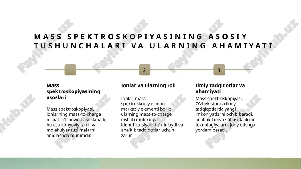 mass spektroskopiyasi tadqiqotlari ionlarning mass-to-charge nisbati orqali yangi moddalarning kashf etilishiga va kimyoviy tahlilga xizmat qiladi. mass spektroskopiyasining ilmiy tadqiqotlardagi roli va ahamiyati. mass spektroskopiyasi tahlili mass spektroskopiyasi ilmiy tadqiqotlarda kimyoviy tahlilning eng muhim usuli bo'lib, molekulalarning aniq tahlilini ta'minlaydi. strukturani aniqlash ushbu usul orqali murakkab molekulalarning strukturasini aniqlash mumkin, bu esa yangi dori vositalarini ishlab chiqarishda muhim ahamiyatga ega. biologik tadqiqotlar mass spektroskopiyasi biologik namunalar, masalan, qon va to'qimalar tahlilida qo'llanilib, kasalliklarni aniqlashda samarali yordam beradi. o'zbekistondagi tadqiqotlar o'zbekistonda mass spektroskopiyasi ilm-fan va sanoatda keng qo'llanilmoqda, yangi texnologiyalarni ishlab chiqishda muhim rol o'ynaydi. mass spektroskopiyasining kimyoviy tahlil va identifikatsiyadagi qo'llanilishi. 1 kimyoviy tahlilning asosi - mass spektroskopiyasi, kimyoviy tahlil jarayonida molekulalarning strukturaviy identifikatsiyasini ta'minlaydi, bu esa yangi moddalarni aniqlashda muhimdir. 2 identifikatsiya jarayoni - mass spektroskopiyasi yordamida ionlar mass-to-charge nisbati bilan tahlil qilinadi, bu esa ularning kimyoviy tuzilishini aniqlashda yordam beradi. 3 o'zbekiston tadqiqotlari - o'zbekistonda mass spektroskopiyasi, kimyoviy …