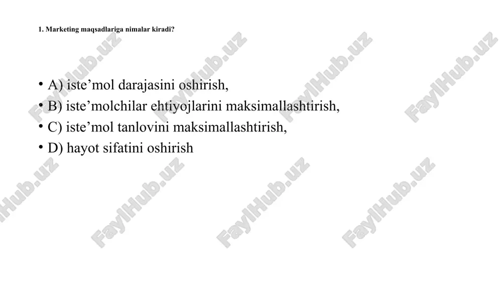 ash marketing vazifalari avvalo talab va taklif to‘g‘risida olingan ma’lumotlar asosida bozorni o‘rganish tovarlarga bo‘lgan talabni istiqbollash, ularni amalga oshirishni nazorat kilish narxning faoliyatini xaridorlar extiyojiga moslashtirish tovarni bozorga chiqarishdagi barcha xizmatlar to‘g‘risida ma’lumotlar olish to‘ldiruvchi tovarlar va o‘rnini bosuvchi tovarlar to‘g‘risida axborot yig‘ish tovarlar reklamasini tashkil etish, xaridorlarni tovarlarni sotib olishga qizikishini orttirish 3. marketingni vazifalari 09.12.2020 14 marketing vazifalari mahsulotlarni ishlab chiqarish sifat xarajatlar qo’yiladigan talablar mahsulotlarni sotish bozorni o’rganish talab taklif bozorga ta’sir o’tzakish choralari sotuvni tashkil etish savdo reklama image1.png image2.jpeg image3.jpeg image4.jpeg /docprops/thumbnail.jpeg