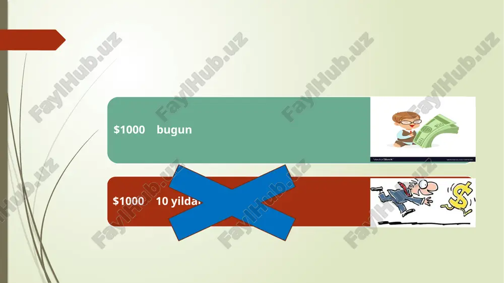 davom ettiramiz, va quyidagi natijaga erishamiz: $1000 * (1.10) * (1.10) * (1.10) = $1000 * = $1331 umumiy ko’rinishda pulning kelajakdagi qiymati formulasi future value of a cash flow bu ikki formula bir xil ma’noga ega: fv-kelajakdagi qiymat c-pul oqimi r- foiz stavksi n-davrlar soni formulaning boshqacharoq ko’rinishi: bu yerda pv-joriy qiymat, i – foiz stavkasi, n davrlar soni quyidagi grafikda $ 1000 ni 20 yil mobaynida, %10 dan oddiy va murakkab oshib borishi tasvirlangan 3-qoida. pul oqimini joriy qiymatga o’tkazish agar biz kapitalning o’sish surati %10 bo’lgan holata, bir yildan keyin $ 1000 ega bo’lishimiz uchun bugun qancha miqdorida investitsiya qilishimiz kerak degan savolga javob beramiz. $1000:1,1= $909.09 demak bir yil keyingi $ 1000 bugungi kundagi qiymatini topishimiz uchun (1+r) ga bo’ldik. kelajakdagi pul oqimining bugungi kundagi joriy qiymatini toppish diskontlash deb ham ataladi. r-diskontlash foiz stavkasi deb yuritiladi. misol: agar diskontlash foiz stavkasi (kapitalning o’sish foizi) yiliga …