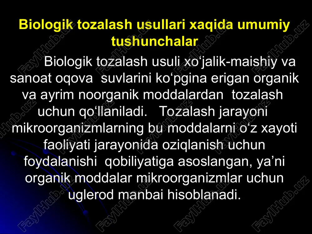 ntiruvchilari mikroblar uchun zaharsizdir. ii guruh oqova suvlari 0.10-0.02 oralig‘idagi biologik ko‘rsatkichga ega. bu guruh oqova suvlariga kokslash, kokslkimyo, soda zavodlari oqova suvlari kiradi. guruh oqova suvlari mexanik tozalashdan so‘ng biologik tozalashga yo‘naltirilishi mumkin. iii guruh oqova suvlarining biologik ko‘rsatkichi 0.01-0.001. guruhga sulfidlash, xlorlash, yog‘ va sfm ishlab chiqarish, oltingugurt kislotasi zavodlari, qora metallurgiya, og‘ir mashinasozlik korxonalari oqova suvlari kiradi. ular mexanik va fizik-kimyoviy tozalashdan so‘ng biologik tozalashga beriladi. iv guruh oqova suvlari 0.001 dan kichik biologik ko‘rsatkichga ega. bu guruh oqova suvlari asosan muallaq zarrachalar bilan ifloslanadi. ularga ko‘mir va rudalarni boyitish fabrikalari suvlari kiradi. ularni tozalash uchun mexanik usul qo‘llaniladi. i va ii guruh oqova suvlarini tozalab, suv ta’minotining aylanma tizimida qayta ishlatish mumkin. iii guruh oqova suvlari, davriy hosil bo‘ladi va iflosliklarining konsentratsiyasi o‘zgarib turadi. suvda eruvchan moddalar bilan ifloslanadi. bu guruh suvlarini suv ta’minotining aylanma xarakatida qayta ishlatib bo‘lmaydi 2aerobli va aerobsiz tozalash usullari oqova suvlarni …