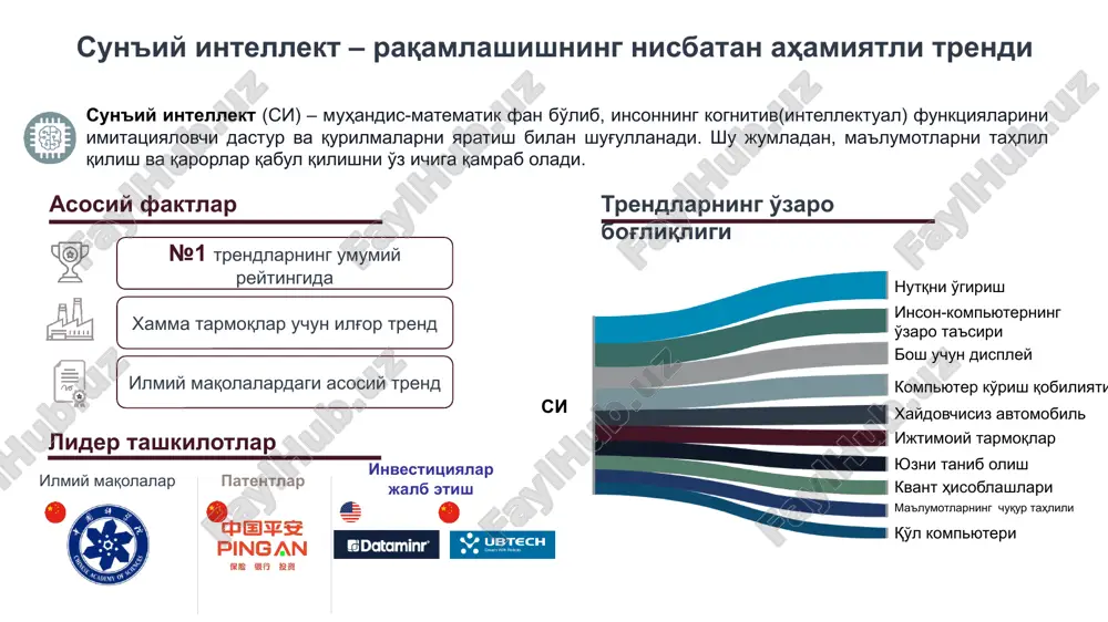 ntellektual masalalarni echish uchun ehmlar dasturiy ta'minotining natijasini beradi. bular birinchi navbatda, tabiiy-til dasturlaridir. ular matnni bir tildan 2-tilga tarjima qilish, katta hajmli xujjatlardan referatlar tayyorlash, ertak va she'rlar uchun mantlar tuzish, teleseriallar uchun stsenariylar yozish imkonini beradi. musiqiy dasturlar musiqiy asarlarni yozish, tayyor musiqiy asarlarni tahlil qilish, turli uslubdagi ijrolarni imitatsiya qilishi ham mumkin. anglovchi dasturlar matnning to'g'riligini tekshirish, skanerlashda qo'lyozmadagi belgilarni o'girish imkoniyatini beradi. ovoz analizatorlari va sintezatorlari texnik qurilmalardagi tovushni boshqarish va ovozli xabarlarni jo'natish imkonini beradi. ko'plab o'yinli dasturlar sidan foydalanadi. mashhur deep blue superkompyuter shaxmat bo'yicha jahon chempioni g. kasparovni yutib qo'ygan. sun'iy intellekt tizimining xususiyatlari ichki interpretatsiya tarkibiylik bog'liqlik faollik ekspert tizimining tarkibiy sxemasi foydalanuvchi interfeysi hal etuvchi tushuntirishlar tizimchasi bilimlar bazasi bilimlar bazasi muxarriri ekspert tizimlariga misollar mycin ekspert tizimi judith ekspert tizimi internist ekspert tizimi management advisor ekspert tizimi expertax ekspert tizimi prospector ekspert tizimi sun'iy intellekt yaratayotgan o'n kompaniya 1.numenta 2011 …