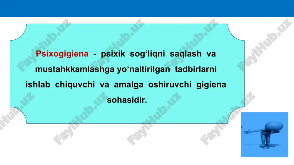 shuncha kuchsiz bo‘ladi. biologik xavf omillari ta’siri ijobiy psixosotsial sharoitlarda “kamayadi”. salbiy psixosotsial sharoitlar ta’siri biror biologik omil ahamiyatsiz bo‘lgan bo‘lsa, kamayadi. biz hisobga olgan psixosotsial sharoitlarni etiopatogenetik nuqtai nazardan 3 guruhga bo‘lish mumkin: 1. bevosita ta’sir etuvchi yuklamalar (bolaga haddan ortiq talab yoki yaqin kishilaridan kutilmagan ayriliq) nerv tizimining kuchli qo‘zg‘alishiga olib keladi. 3.shaxs psixologik salomatligining psixologik -pedagogik sharoitlari 2. kuchsiz yuklama, qo‘zg‘atuvchi va axborotning tanqisligi shaxs taraqqiyoti jarayonida uning bosh miya morfologik o‘zgarishlariga qadar noto‘liq differensiyallashuviga olib keladi. 3.nizoli vaziyatlar bosh miya funksiyalari buzilishiga ta’sir etmaydi. lekin bolaning noadekvat xulq ko‘rinishlarini o‘zgartirishiga yordam beradi. 3.shaxs psixologik salomatligining psixologik -pedagogik sharoitlari e’tiboringiz uchun raxmat! o‘zingizni asrang!