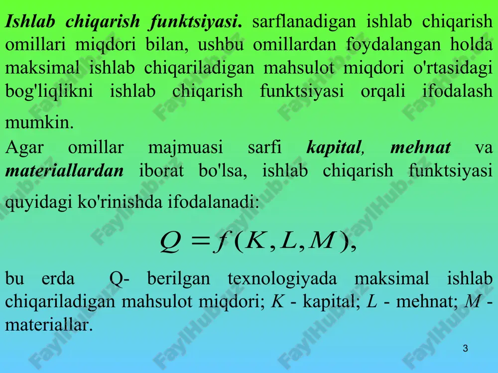 sarfining o'zgarishi - mehnat sarfining o'zgarishi * chekli texnologik almashtirish normasi k=2 l=1 l=1 l=1 l=1 k=1 k l 5 q2=85 5 4 4 3 3 2 2 1 1 * izokosta - bu ishlab chiqarish xarajatlarini ifodalovchi chiziq bo'lib, u umumiy qiymati bir xil bo'lgan ikkita ishlab chiqarish omillari sarflarining barcha kombinatsiyalarini ifodalovchi nuqtalarni o'z ichiga oladi, ya'ni umumiy qiymati bir xil bo'lgan meshnat va kapital sarflari kombinatsiyalarni ifodalovchi nuqtalarni o'z ichiga oladi. agar firmaning ishlab chiqarish omillariga sarflanadigan byudjetni s deb belgilasak, ishchi kuchiga sarfini w*l va kapitalga sarfini r*k desak, izokostani ifodalovchi tenglamani quyidagicha yozish mumkin: * izokostaning grafikdagi ko'rinishi kapital k n1 b a m n2 s/r kb ka km 0 s/w la lb lm l - mehnat * endi firmaning umumiy xarajatlari cheklanganda maksimal mahsulot ishlab chiqarishga erishish masalasini grafik usulda echilishini ko'rib chiqamiz. l - mehnat e nuqta uchun quyidagi tenglik o'rinli bo'ladi: kapital …