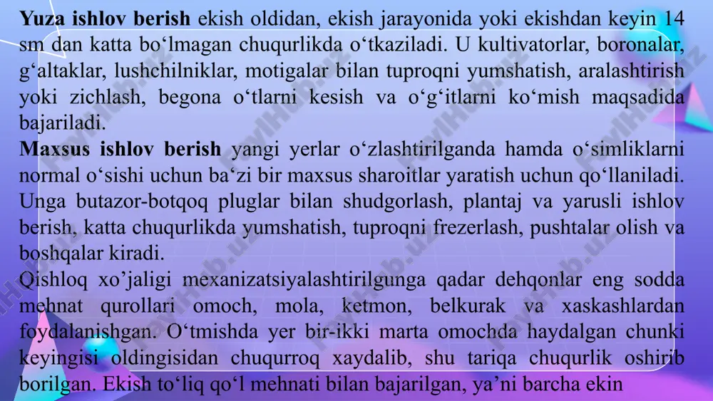lmiy tadqiqot instituti» mahalliy agrotexnikani qanoatlantiradigan traktorlarni ishlab chiqarish zarurati paydo bo‘ldi. shunga asosan putilovskiy zavodi 1934 yildan boshlab “universal” rusumli traktorlarni ishlab chiqara boshladi. bu traktorga mos seyalka va kultivatorlar “krasniy aksay”, “rostselmash” va “tashselmash” da ishlab chiqarila boshlandi. 1934 yildan boshlab joylarda «mashina traktor stansiyalari», «agromashservis» uyushmalari tashkil etildi. paxta tolasi va undan olinadigan boshqa mahsulotlarga bo‘lgan talabning oshib borishi natijasida respublikamizda toshkent traktor zavodi, tashselmash, o‘zbekselmash, chirchiqselmash, keyinchalik npo texnolog, bmkb–agromash tashkilotlari va zavodlari faoliyat olib borishdi. yangi yaratilgan texnikani ishlab chiqarishga joriy etish bosqichlari. yangi mashina yuqorida ko‘rsatilgan barcha talablarni qondirib sinovlardan to‘liq o‘tganidan so‘ng, ishlab chiqarishga joriy etish uchun quyidagi bosqichlardan o‘tishi talab qilinadi. “dastlabki texnik talab”, “texnik topshiriq” va yangi mashina, “o‘zbekiston qishloq xo‘jaligi texnologiya va texnikalarni sertifikatsiyalash va sinash davlat markazi”ga hujjat asosida topshirib rasmiylashtiriladi. bu tashkilot tomonidan mashina birinchi yil meyoriy hujjatlar asosida “qabul sinovi”ni o‘tkazadi. aniqlangan kamchiliklar tuzatilib, ungatuzatishlar kiritiladi. bunda …