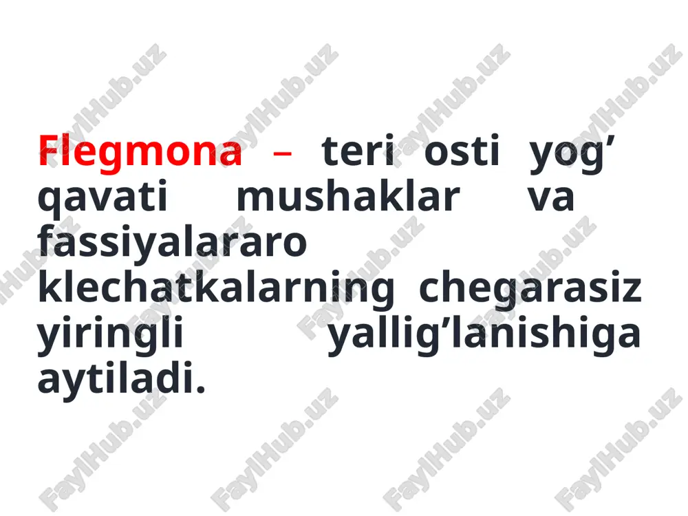 i 7. yutqun oldi yuzning topografik anatomik sohalari bolalarda : - jag’ osti - ko’z osti - lunj - og’iz tubi - quloq oldi chaynov sohasi flegmonalari ko’p uchraydi. ko’z osti sohasi flegmonasi jag’ osti flegmonasi jag’ osti flegmonasi quloq oldi chaynov sohasi flegmonasi iyak sohasi flegmonasi ko‘z kosasi flegmonasi og‘iz tubi flegmonasi flegmonalar orasida yuza joylashganlari havfsiz bo’lib o’z vaqtida tashxis qo’yib operativ ochilsa bemor tuzalib ketadi. chuqur joylashgan absess flegmonalarni o’z vaqtida tashxis qo’ymay operativ ochilmasa flegmona boshqa joylarga tarqalib tarqalgan tus oladi va bemor ahvoli og’irlashishi mumkin. eng havfli flegmonalardan biri 1.og’iz tubi 2.yutqin oldi 3.bo’yin flegmonalarining qoshilishi flegmona angina jonsona lyudviga e’tiboringiz uchun rahmat. image1.png image2.jpeg image3.png image4.jpeg image5.png image6.jpeg image7.jpeg image8.jpeg image9.jpeg image10.png image11.png image12.jpeg image13.jpeg image14.jpeg image15.jpeg image16.jpeg image17.jpeg image18.jpeg image19.jpeg image20.png image21.jpeg /docprops/thumbnail.jpeg