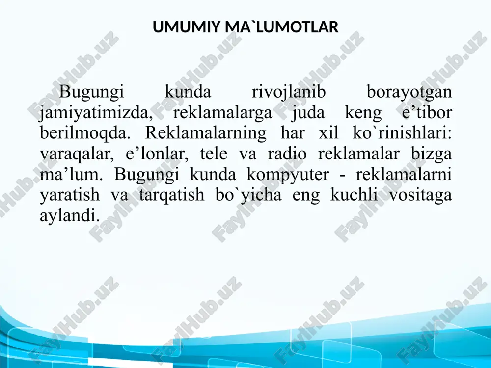 ” (sana va vaqt) –slaydning pastgi chap burchagida turuvchi obyekt; “nijniy kolontitul” (quyi kolontitul) –foydalanish kerak bo`lganda ishlatilinuvchi obyekt; “nomer slayda” (slayd raqami) –ish jarayonida slaydga avtomatik o`rnatiluvchi maxsus obyekt. e’tiboringiz uchun raxmat image2.png image3.png image4.png image5.png image6.png image1.png /docprops/thumbnail.jpeg