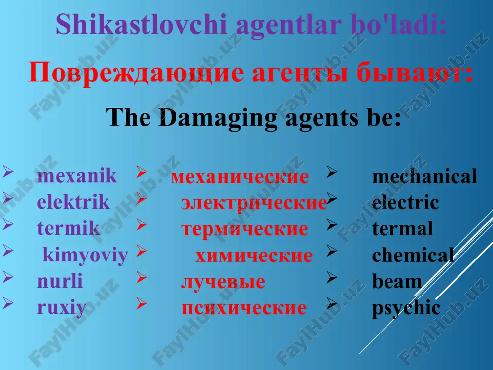 ie tkani 5. the simple trauma if it is damaged fabrics one type 6. the complex trauma - if they are damaged different tissues 7. bir xil travma – shikastlanish sababi bitta bo'lgan shikastlanish 8. kombinatsiyalashgan – shikastlanish sabablari bir necha xil bo'lsa (masalan mexanik va termik shikastlanish bir vaqtda bo'lsa) 7. odnorodnaya travma - vizivaetsya odnim faktorom 8. kombinirovannaya - vizivaetsya neskolkimi faktorami (naprimer mexanicheskaya travma sovmestno s termicheskoy) 7. the uniform trauma - is caused one faktor. 8. multifunction - is caused several factors (for instance mechanical trauma with termal) mexanik shikastlanish mexanicheskaya travma mechanical trauma elektrdan shikastlanish elektricheskaya travma the electric trauma termik shikastlanish termicheskaya travma the termal trauma kimyoviy shikastlanish ximicheskaya travma the chemical trauma nurlardan shikastlanish luchevaya travma the beam trauma ochiq,operatsion shikast otkritaya, operatsionnaya travma openning, operating trauma qo'shma shikastlanish – bir vaqtni o'zida bir necha tizimlarni shikastlanishi (masalan, bosh miya chayqalishi, suyaklarni sinishi …