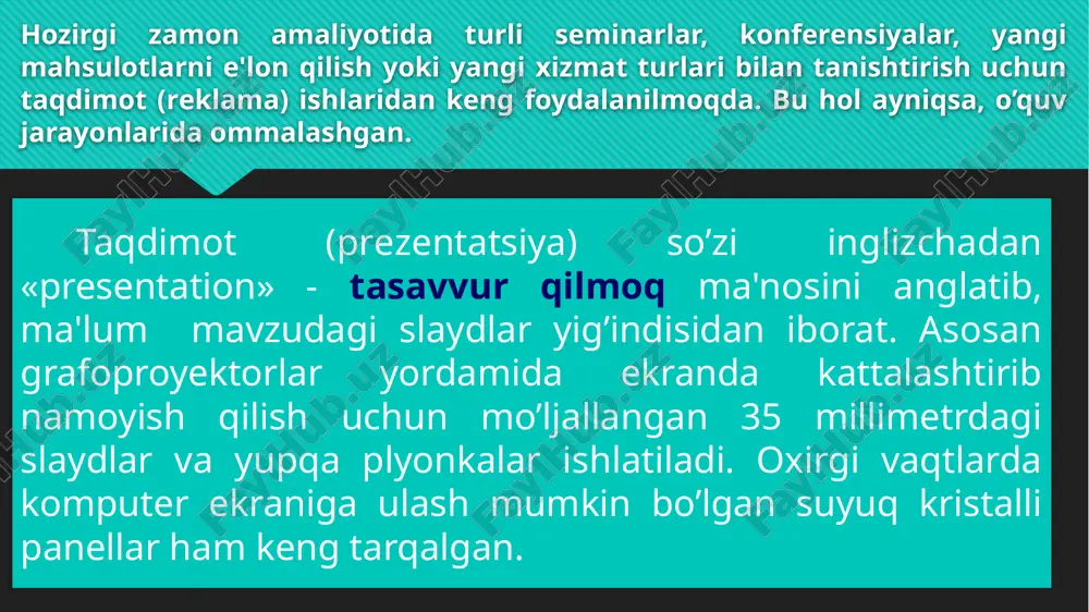 -grafik paketlar – turli grafik ilovalar ustida ishlash imkoniyatini beruvchi dasturlar. -musiqa tahrirlovchilar – musiqa fayllari ustida turli amallar bajarish. multimedia mahsulotlari yaratishga mo’ljallangan dasturlar sharhi - macromedia director – taqdimot va multimedia mahsulotlari yaratishga xizmat qiladi. ushbu dastur mmx-texnologiyalar bilan ishlaydi va tugmalar, slaydlar, klip va animatsiyalar bilan ishlashga imkon beradi. formula graphics multimedia system – interfaol rejimda ishlovchi multimedia dasturlarini tayyorlashni ta‘minlaydi. sanab o’tilgan dasturlar qimmat turadi, shuning uchun foydalanuvchilar orasida bular kam ishlatiladi. maktabda multimedia loyihalarni ishlab chiqish uchun nima qilish kerak, buning uchun keng imkoniyatlarga ega bo’lgan microsoft office dasturlaridan foydalanish etarli. agar loyihangizga ma‘lumotlar bazasi qo’shishni istasangiz, sizga access, animatsiya effektlari bilan taqdimot tayyorlashingiz uchun esa powerpoint dasturi kerak bo’ladi. microsoft power point dasturi axborotlarni turli ko’rinishlarda namoyish qilish imkoniyatini beruvchi dasturdir. bu dastur bir necha ish rejimiga ega bo’lib, axborotni oddiy yoki uning strukturasini ko’rish, unga turli izohlar berish, uning grafigini ko’rish yoki slaydini …