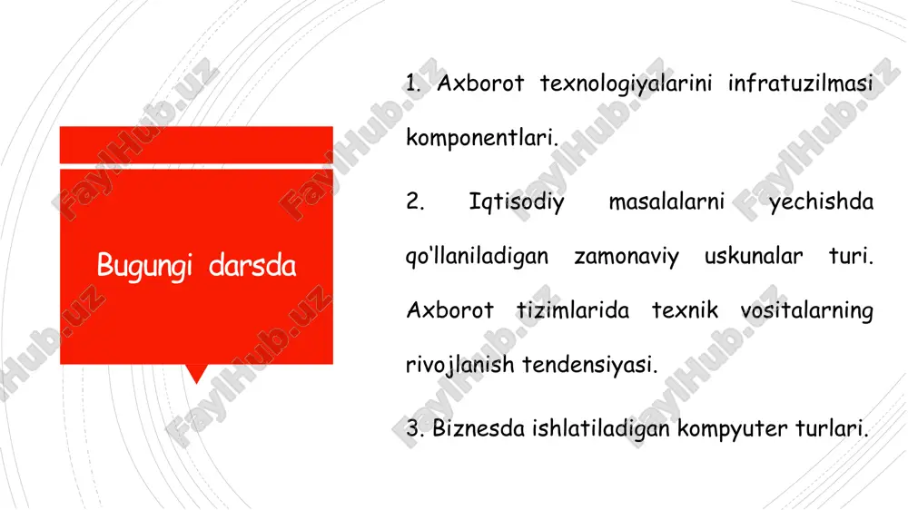 0 yillar boshlari) birinchi avlod ehmlari markaziy protsessorining yelementlar bazasi sifatida umumiy soni bir necha o‘n minglarga yetgan yelektron lampalardan foydalanilgan. ko‘plab ishlab chiqarilgan sovet davri mashinalaridan birinchi avlodga mansublari strella (1953 y.), ural (1954y.), m-20 (1959y.), minsk -1 (1960 y.), besm seriyali qator mashinalar kiradi. sekundiga 10000 amalni bajaradi. xotirasiga 2047 tagacha son sig‘adi. ikkinchi avlod mashinalari. (1960 yillar boshlari). yarim o‘tkazgichlarni ishlab chiqarish texnologiyasining takomillashishi integral sxemalar deb nom olgan mikroelektron qurilmalarining yaratilishiga olib keldi. uchinchi avlod mashinalari. (1960 yillar oxiri va 70 yillar boshlari). to‘rtinchi avlod mashinalari - bu hisoblash texnikasi rivojlanishida yangi qadamdir. to‘rtinchi avlod ehmlari katta integral sxemalardan qurilgan, ko‘p protsessorli mashinalardir. bu turdagi ehm larning tezligi sekundiga 10 million amaldan ortiqdir. to‘rtinchi avlod mashinalari. hozirgi yeng zamonaviy ibm pc tizimidagi kompyuterlar 5-avlod ehm hisoblanadi. ehm bu avlodi matiqiy masalalarni hal qila oladi. rasm va chizmalarni taniydi. matnlarni tarjima qila oladi. mul’timediya sistemasi yordamida musiqa …
