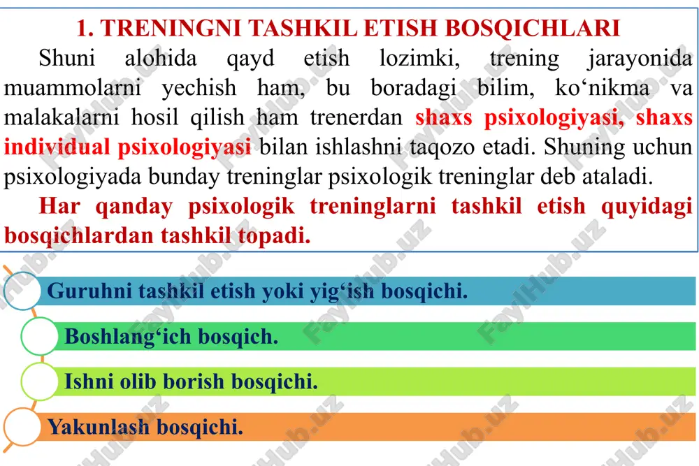 ir necha maqsadlardan iborat: a) trening qatnashchilarining bir-birlariga sotsial psixologik jihatdan moslashishga e’tiborni qaratish va atrofdagilar bilan munosabatini mustahkamlash. b) trening qatnashchilarini o‘z hayotini sezilarli darajada o‘zgartirishga erisha olish. sotsial psixologik treninglar quyidagicha masalalardan iborat bo‘lishi mumkin. 10 ma’lum sotsial psixologik bilimlarni egallash. o’zini va boshqalarni adekvat, to‘g‘ri va to‘liq tushunilishi. shaxs xususiyatlari nuqsonlarini yo‘qota olish, ularni diagnostika qilish va ishga xalaqit beruvchi to‘siqlarni bartaraf qilish. shaxlararo munosobatlarning individual usullarini o‘rganish va ularni samarali qo‘llash. treningda qatnahishda o‘zini erkin tutish. trening o‘tkazishda bir necha tamoyillarga amal qilish lozim. 1.erkinlik tamoyili. 2.o’zini-o‘zi diagnostika qilish. bunda qatnashuvchilar o‘zlarini fosh qilishlari mumkin o‘zidagi muhim muammolarni anglashlari, uni izohlab berishlari lozim. agar guruhni yopiq deb bilishsa (yopiq guruh guruhga qo‘shimcha odam olmaydi) bu guruhda muhim muammolar tez hal bo‘ladi va trening muvaffaqiyatli bo‘ladi. 11 trening mashg‘ulotlarini o‘tkazish uchun ishtirokchilarni qiziqtirish kerak. ularning mustaqil ishlashlariga imkoniyat yaratish kerak. biron-bir qatnashuvchini muhokama qilish ta’qiqlanadi, chunki u …