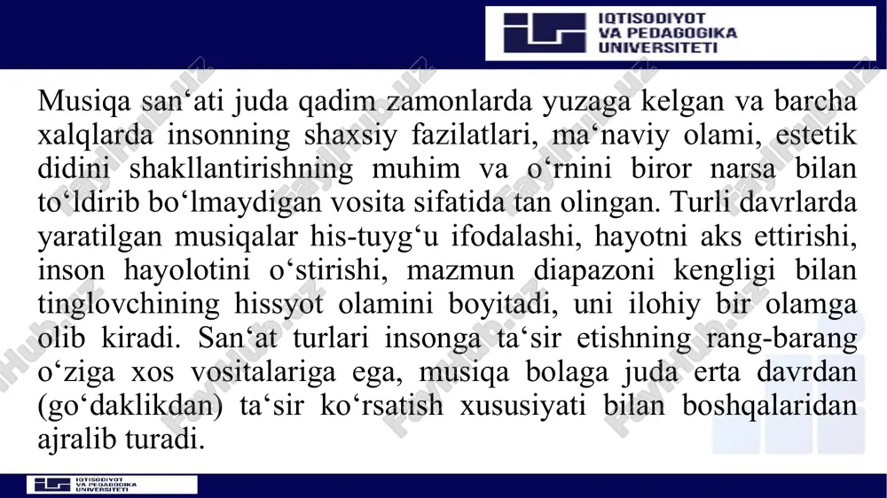 n olgan musiqiy taassurotlari bo‘yicha muloqotga o‘rgatish juda muhim. shu bois oilada musiqiy faoliyatga nisbatan kichik bo‘lsada ijobiy mikromuhit shakllanishi lozim. bola o‘zini kichik, ammo barcha boshlagan ijodiy ishlarida o‘zining oilaning boshqa a‘zolari tomonidan to‘liq qo‘llab-quvvatlanishini har doim his qilishi lozim. 8 bu borada quyidagi asosiy vazifalarni ajratib ko‘rsatish mumkin:  maktabgacha yoshdagi bolalarning musiqiy qobiliyatlarini rivojlantirishni o‘rganish va qonuniyatlarini aniqlash;  maktabgacha yoshdagi bolalarning musiqiy qobiliyatlarini rivojlantirishning pedagogik shartlarini aniqlash;  bolalarning musiqiy qobiliyatlarini rivojlantirishda mtm va oila hamkorligining nisbatan samarali shakllarini belshgilash;  bolalarning musiqiy qobiliyatlarini rivojlantirishga yo‘naltirilgan mtm va oila hamkorligi xususiyatlarini o‘rganish. maktabgacha yoshdagi bolalarning musiqiy qobiliyatlarini rivojlantirishga oid ishlar samaradorligi mtm va oilaning:  ota-onalar bilan musiqiy ma‘rifatchilik sohasida doimiy va tizimli ish olib borish kabi shartlarni hisobga olgan holda tashkil qilingan o‘zaro hamkorligiga ko‘p jihatdan bog‘liq. mustahkamlash uchun savollar. 1.maktabgacha ta’lim tashkilotlarida ta’lim-tarbiya jarayonida metodlarning o‘rni haqida gapirib bering. 2.yangi texnologiyalarni loyihalash va mashg‘ulotga …