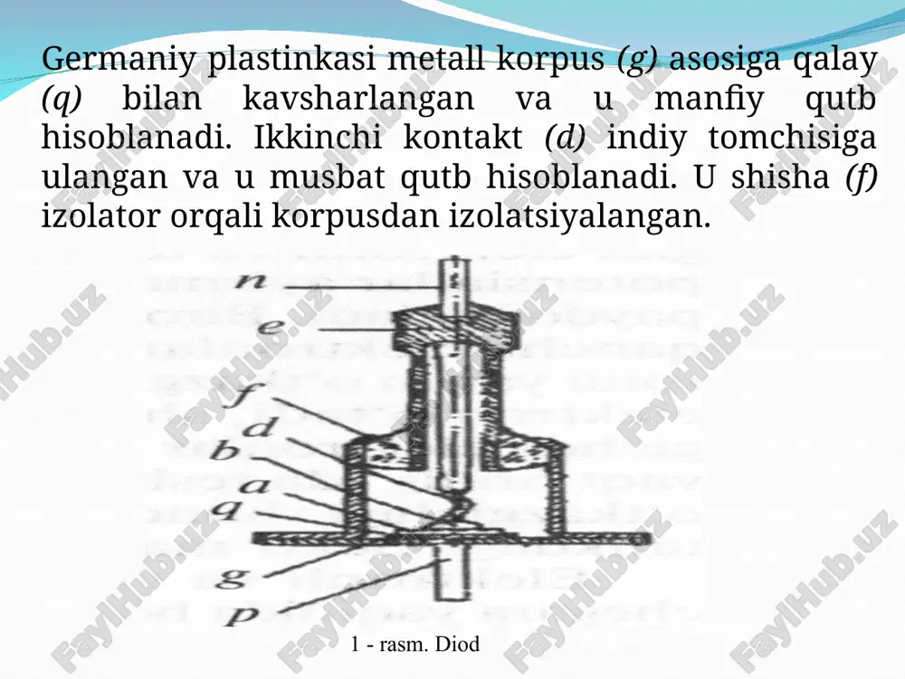 rasm. 4 - rasm. bunda berkituvchi qatlamning qalinligi va uning qarshiligi kamayadi. elektron — teshikli o'tish orqali tok tashuvchilar ko'p o'tadi, binobarin, katta tok o'tadi. bu sistemaga qo'yilgan potensialning ishorasi almashtirilsa (4 - rasm), tashqi elektr maydon elektronli va teshikli yarim o'tkaz­gichning yondosh sohasidagi maydonni kuchaytiradi. tok tashuvchilar tashqi maydon ta'sirida yarim o'tkazgichlarning bo'linish chegarasida harakatlanadi. berkituvchi qatlamning qalinligi ortadi va uning qarshiligi ko'payadi. buning natijasida elektron — teshikli o'tish orqali ancha kam tok o'tadi. quyida yarim o'tkazgichli diodni tavsiflovchi eng muhim parametrlarni (muhit temperaturasi 20 c bo'lgan hol uchun) keltiramiz teskari kuchlanishning eng katta qiymati 400 v; eng katta teskari kuchlanishda teskari tok (o'rtacha qiymati) 0,3 ma; eng katta to'g'rilangan tok (to'g'ri tokning o'rtacha qiymati) 300 ma; eng katta to'g'ri tokda diodda kuchlanishning tushishi 0,5 v. diod deb odatda bir yoki bir necha elektr o‘tishlar va tashqi zanjirga ulanish uchun ikkita chiqishga ega bo‘lgan elektr o‘zgartirgich asbobga aytiladi. yarim …