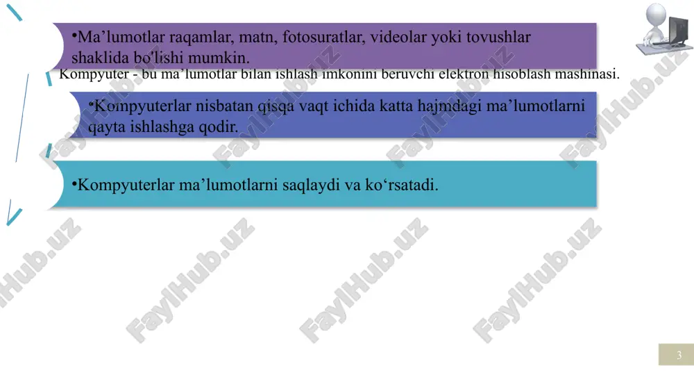 ni tinglashingiz mumkin. ovoz chiqargichlarning xususiyatlari 1 ovoz sifati past bo‘lgan kichik, plastik kompyuter ovoz chiqargichlari ko‘pincha kompyuter tizimlariga kiritilgan 2 ular har xil o‘lchamlarda keladi, shuning uchun ham osongina olib yurish mumkin 4. eshitish vositalari siz boshqalarni bezovta qilmasdan kompyuterdan musiqa yoki boshqa tovushlarni tinglash uchun eshitish vositalaridan foydalanishingiz mumkin. 5. proyektor proyektor kompyuterdan tasvirlarni qabul qiluvchi va foydalanuvchilarga o'z chiqishini ekran yoki devor kabi katta maydonga proyeksiya qilish imkonini beruvchi chiqish qurilmasi. kompyuter avval signalni video kartaga yuboradi, so'ngra proyektorga tasvirlarni sirt ustida aks ettirish uchun uzatadi. proyektorlar yorug'lik va linzalar yordamida matnlar, fotosuratlar va filmlarni kattalashtiradi. proyektorning xususiyatlari 1 proyektorlar yengil, ularni osongina ulash va devorga osib qo'yish mumkin 2 proyektorlar uyingizda katta ekranli video uchun eng tejamkor variant bo'lishi mumkin 3 orqa javon yoki kitob javoniga o'rnatilgan yoki shiftga o'rnatilgan kichik proyektor polda hech qanday joy egallamaydi 6. plotter plotter - bu yuqori sifatli grafikalar, chizmalar …