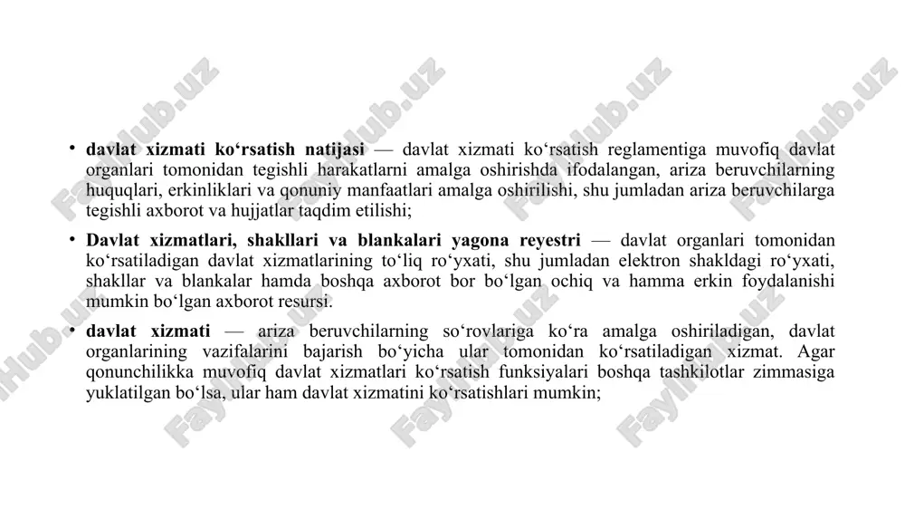 bir ijro etuvchi hokimiyat organlari tomonidan ko‘rsatiladigan davlat xizmatlarining xizmat ko‘rsatilish tartibini belgilovchi normativ hujjatlar yoki idoraviy normativ hujjatlar mavjud. qo‘shimcha qilib aytishimiz mumkinki, yagona interaktiv davlat xizmatlari portal (my.gov.uz) tizimi orqali quyidagi ko‘rinishda bilib olishingiz mumkin 1-qadam:my.gov.uz saytiga one id tizimi orqali kiriladi. 2-qadam: izlash bo`limidan kerakli xizmat turini izlaymiz 3-qadam: chiqqan oyada hosil bo‘lganlardan huquqiy asos qismini topamiz. mana shu bo‘limda elektron ko‘rsatilayotgan davlat xizmatining huquqiy asosi beriladi. jismoniy va yuridik shaxslarga ma’lumotnomalar berish bo‘yicha davlat xizmatlarini ko‘rsatish sxemasi bosqichlar subyektlar tadbirlar bajarish muddatlari 1-bosqich ariza beruvchilar davlat xizmatidan foydalanish uchun davlat xizmatlari markaziga shaxsan kelib yoki o‘zbekiston respublikasi yagona interaktiv davlat xizmatlari portali (keyingi o‘rinlarda — yidxp) orqali murojaat qiladi. o‘z xohishiga ko‘ra 2-bosqich 1. davlat xizmatlari markazi 2. yidxp 1. markaz xodimi so‘rovnomani to‘ldirib, vakolatli organga yuboradi. 2. to‘ldirilgan so‘rovnoma avtomatik tarzda vakolatli organga yuboriladi. 1. so‘rovnoma to‘ldirilgandan keyin 10 daqiqada 2. real vaqt rejimida 3-bosqich …