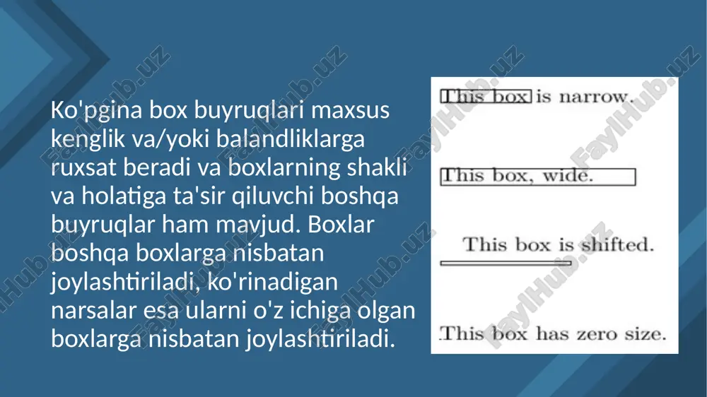 ka va kontent orasidagi masofa. \fboxrule: ramkaning qalinligi. qalinroq va uzoqroq ramka hosil qilish uchun: bu yerda kvadrat shaklidagi harf ramkasi ko'rsatilgan hujjat ichidagi paragrafni ramkalashning oson yo'lini ta'minlaydigan ramkali muhitni qo'shadigan framed paket mavjud: savebox/usebox/newsavebox savebox - bu ko'rsatilmaydigan box bo'lib, usebox buyrug'i orqali keyinroq takrorlash uchun saqlanadi fancybox fancybox to'plamida qo'shimcha boxlar mavjud. \doublebox \ovalbox \shadowbox raisebox buyruq maydonning vertikal xususiyatlarini aniqlash imkonini beradi. matn argumenti ichidagi maydon hajmiga ta'sir qilish uchun dastlabki uchta parametrda \width, \height, \depth va \totalheight dan foydalanishingiz mumkin. ikki ixtiyoriy parametr ko'tarilish boxsining balandligi va chuqurligini belgilaydi masalan, siz framebox ga o'rnatishda farqni kuzatishingiz mumkin e’tiboringiz uchun rahmat! image2.jpg image3.png image4.jpeg image5.png image6.png image7.png image8.png image9.png image10.png image11.png image12.png image13.png image14.png image15.png image16.png image17.png image18.png image19.png image20.png image21.png image1.png /docprops/thumbnail.jpeg
