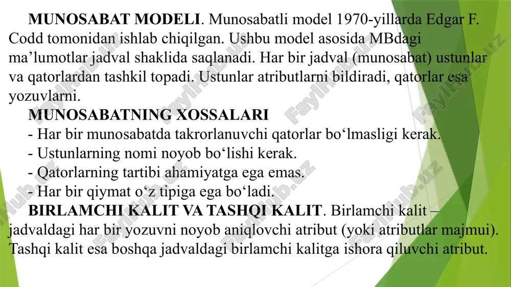 munosabat (jadval) kompyuterlarning xotirasida fayl ko‘rinishda joylashadi. jadval hamma uchun qulay bo‘lishi bilan bir qatorda ma‘lumotlarni manipulyatsiya qilishning asosiy uch operatsiyasini bajarish birmuncha noqulaylikni ham tug‘diradi, asosan tartiblash, guruhlash va daraxt ko‘rinishidagi parametrlar bilan ishlashda. jadvalda ushbu uch operatsiya bir-biri bilan chambarchas bog‘langan. bu esa ba‘zi bir operatsiyalarni bajarishda ma‘lum bir qiyinchiliklarga olib keladi. masalan, ma‘lumotlarni bir parametr asosida tartiblash ikkinchi bir parametr bo‘yicha tartiblashni buzib yuborishi tufayli zarur ma‘lumotlarni izlab topish operatsiyasi bir parametr bo‘yicha osonlashsa, boshqalari bo‘yicha qiyinlashadi. ma‘lumotlarning relyatsion bazasidagi munosabatlar ustida bajariladigan asosiy operatsiyalar sakkizta bo‘lib, ular quyidagilardan iborat: -to‘plamlar ustidagi ananaviy operatsiyalar, ya‘ni to‘plamlarning birlashmasi (yig‘indisi), kesishmasi (ko‘paytmasi), to‘ldiruvchisi (ayirmasi), dekart ko‘paytmasi, bo‘lishmasi; -maxsus relyatsion operatsiyalar, ya‘ni proyeksiyalash, bog‘lanish (qo‘shilish), birlashtirish (ulab qo‘yish) va tanlash. relyatsion mbbtda munosabatlar ustida operatsiyalar bajarish uchun mo‘ljallangan tillarni ikki sinfga ajratish mumkin: relyatsion algebra tili (rat) va relyatsion hisob tili (rht). rat relyatsion algebraga (kodd algebrasiga, -algebraga) asoslangan. ma‘lum …