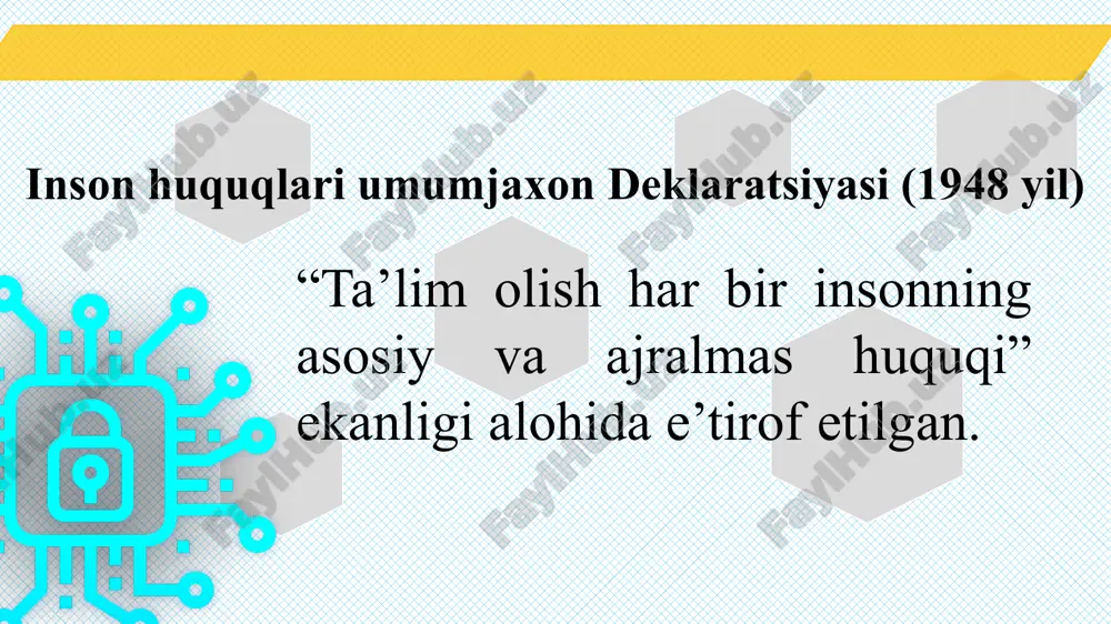 lim tashkilotlarida ta’lim olishga bo‘lgan teng imkoniyatlarni ta’minlashga qaratilgan. jismoniy, aqliy, sensor (sezgi) yoki ruhiy nuqsonlari bo‘lgan bolalar (shaxslar) uchun ta’lim tashkilotlarida inklyuziv ta’lim tashkil etiladi. inklyuziv ta’limni tashkil etish tartibi o‘zbekiston respublikasi vazirlar mahkamasi tomonidan belgilanadi. 11 2020-yil 13-oktabr pq-4860“alohida taʼlim ehtiyojlari bo‘lgan bolalarga taʼlim-tarbiya berish tizimini yanada takomillashtirish chora-tadbirlari to‘g‘risida” gi qarori vazirlar mahkamasining alohida ta’lim ehtiyojlari bo‘lgan bolalarga ta’lim berishga oid normativ-huquqiy hujjatlarni tasdiqlash to‘g‘risida” gi 638-sonli qarori (2021-yil 12-oktabr) alohida ta’lim ehtiyojlari bo‘lgan bolalarga ta’lim berishga oid normativ-huquqiy hujjatlarni tasdiqlash to‘g‘risida” gi xtv. ning 113-sonli buyrug‘i (2021-yil 9-aprel) “zanjir” mashqi uyga vazifa e’tiboringiz uchun rahmat! 15 image2.png image3.png image17.svg image8.png image1.jpeg image4.png image10.svg image5.png image12.svg image6.png image14.svg image7.png image9.png image10.png image11.png image12.png image16.jfif image17.jfif image18.jfif image19.jfif image20.png .msftofcthm_background1_fill { fill:#ffffff; } .msftofcthm_background1_fill { fill:#ffffff; } .msftofcthm_background1_lummod_95_stroke { stroke:#f2f2f2; } .msftofcthm_background1_fill { fill:#ffffff; } .msftofcthm_background1_lummod_95_stroke { stroke:#f2f2f2; } .msftofcthm_background1_fill { fill:#ffffff; } .msftofcthm_background1_lummod_95_stroke { stroke:#f2f2f2; } /docprops/thumbnail.jpeg
