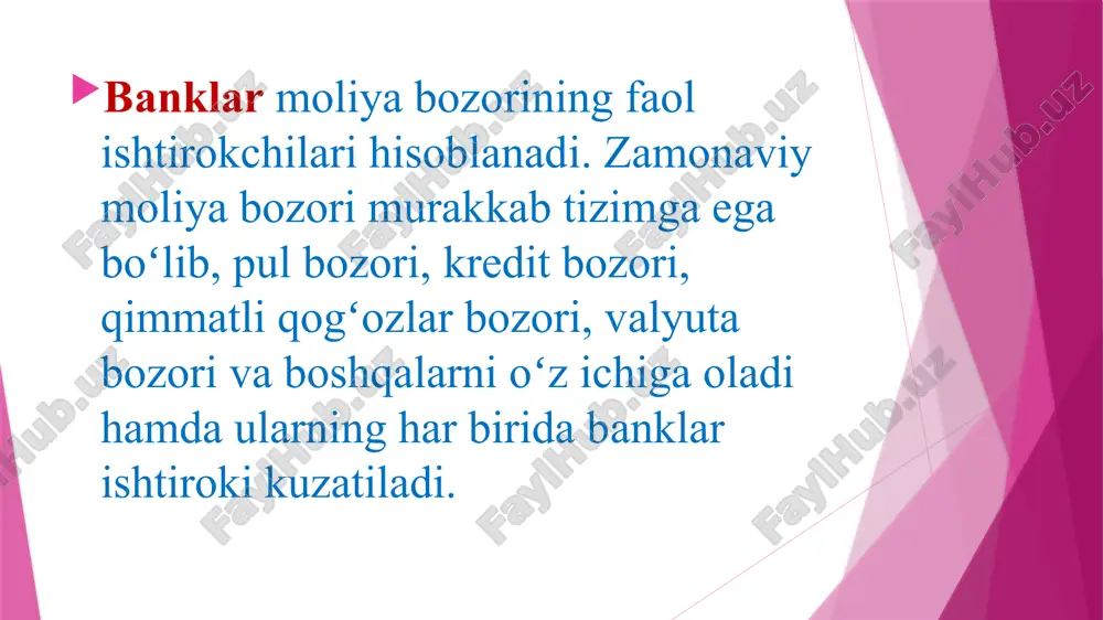 llangan. birja – oldindan belgilangan joy va muayyan vaqtda, belgilangan qoidalar asosida birja savdolarini tashkil etuvchi yuridik shaxs. birjalar oʻz faoliyatini tovar-xomashyo fond valyuta mexnat birjasi turida amalga oshiradi. fond birjasi oʻz faoliyatini amalga oshirishda bir qator huquqlarga ega: kotirovkalash; arbitraj; listing; nazorat va boshqa birja komissiyalarini tashkil etish; birja tovarlari narxlari birja tomonidan belgilangan chegaraviy miqdordan oʻzgarib ketsa, birja savdolarini toʻxtatish. fond birjaning oʻz majburiyatlari ham mavjud. savdo maydonchalarida birja savdolari oʻtkazish joyi hamda vaqti toʻgʻrisida birja aʼzolarini oʻz vaqtida xabardor qilish; birjada tuzilgan bitimlarnining bajarilishini taʼminlash uchun shart sharoitlar yaratish; birja aʼzolarining va ular mijozlarining oʻzaro majburiyatlarini belgilash; birja aʼzolari va ularning mijozlari pul mablagʻlarining alohida-alohida hisobini yuritish; fond birja tamoyillari: birja savdolarini oshkora va ommaviy tarzda oʻtkazish; birja savdolarida narxlarning erkin shakllanishi; birja bitimlarini tuzishning ixtiyoriyligi; birja barcha a’zolarining birja savdolarida ishtirok etishi uchun sharoitlarning tengligi. qimmatli qogʻozlar bozorida professional faoliyat bilan shugʻullanuvchi ishtirokchilar investitsiya vositachisi – …