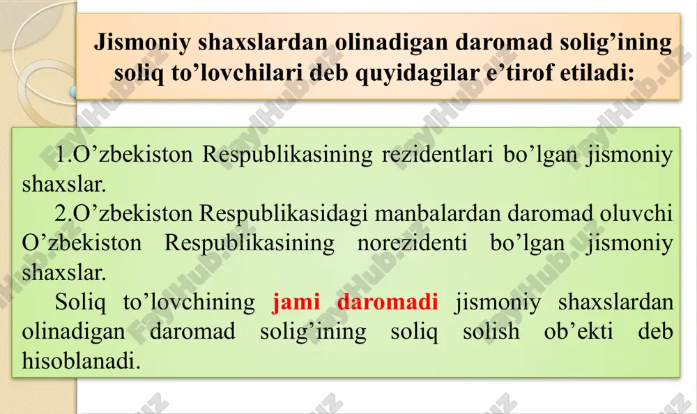 r. soliq agentlarining jismoniy shaxs foydasiga amalga oshiradigan quyidagi xarajatlariga soliq to’lovchining daromadi sifatida qaralmaydi: 1) mehnat sharoitlari noqulay bo’lgan ishlarda band bo’lgan xodimlarni qonun hujjatlarida belgilangan tartibda sut, davolash-profilaktika oziq-ovqati, gazlangan sho’r suv, shaxsiy himoya va gigiena vositalari bilan ta’minlash bo’yicha xarajatlari. 2) kasaba uyushmasi qo’mitasi tomonidan amalga oshiriladigan to’lovlar, shu jumladan a’zolik badallari hisobidan kasaba uyushmasi a’zolariga beriladigan moddiy yordam, bundan kasaba uyushmasi qo’mitasining xodimlariga mehnat vazifalarini bajarganlik uchun beriladigan pul mukofotlari va boshqa to’lovlar mustasno. 3) favqulodda holatlar munosabati bilan etkazilgan zararlar summasi doirasida beriladigan moddiy yordam summalari. 4) xodimlarni ish joyiga olib borish va olib qaytish bo’yicha xarajatlari. 5) diniy rasm-rusumlar va marosimlarni, bayram tantanalarini o’tkazish, vakillik xarajatlari, shahar yo’lovchilar transportida xodimlarning xizmat qatnovlari uchun foydalaniladigan yo’l kartochkalarini olish, shuningdek yuridik shaxsning xodimlarning mehnat va dam olish sharoitlarini ta’minlash bilan bog’liq hamda muayyan jismoniy shaxslarning daromadi hisoblanmaydigan boshqa xarajatlari. 6) xodimga xizmat vazifalarini bajarish uchun zarur …