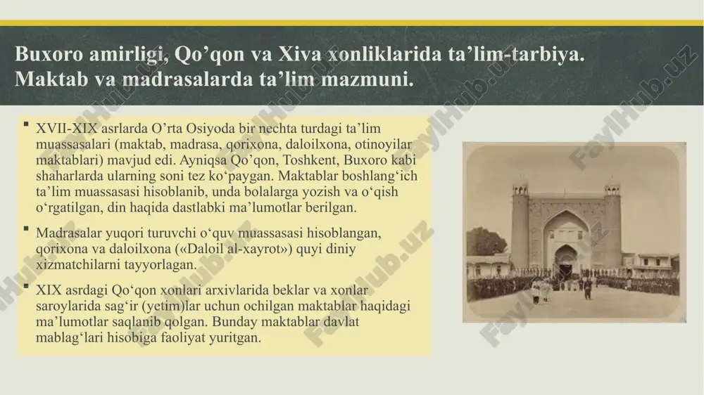 rardi. markaziy osiyo rossiya tomonidan bosib olingandan keyin maktab va madrasalarda bazi o‘zgarishlar yuz berdi. musulmon maktablari uchun bosmaxonada chop qilingan darsliklar paydo bo‘ldi. qozonda nashr qilingan quron va haftiyaklar, hindiston va erondan shoirlarning litografiyada chop etilgan toplamlari keltirildi. toshkentning o‘zida ham maktablar uchun darsliklarni litografiya usulida nashr qilish yo‘lga qo‘yildi. mustamlaka ma’muriyati mashg’ulotlar orta asr tartibida olib borilayotgan musulmon maktablarining ishiga aralashmas edi. maktablarda rus tilini o‘qitishni rag‘batlantiruvchi choralar ko‘rishga harakat qilindi. xx asr boshlarida esa, madrasalarda rus tilini o‘qitish joriy qilinsin, degan ko‘rsatmaga binoan 1913-1917 yillari bazi madrasalarda rus tilini o‘qitish joriy qilindi. xx asr boshlariga kelib, turkiston o‘lkasidagi yirik markaziy shaharlarda oliy talim maskani hisoblangan quyidagi madrasalar: buxoroda 80, qo‘qonda 40, samarqandda 22, marg‘ilonda 28, toshkentda 17, xiva xonligida 130 madrasa mavjud bolib, ularda 400 dan 5000 tagacha tinglovchi tahsil olardi. 1906 yilga kelib, birgina samarqand viloyatining ozida 1510 musulmon maktabi bor edi, ularda 1482 o‘qituvchi 12740 …
