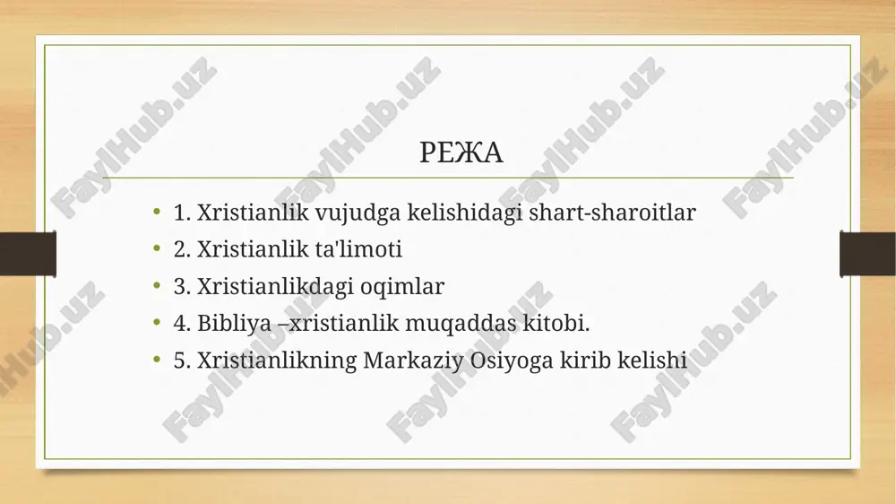 a indulgyentsiya 4 arosat 5 papa begunohligi 6 cho’qintirish besh barmoqda 7 ibodat lotin tilida 8 chuqintirilgandan ustidan suv quyiladi 9 barcha ruxoniy uylanmaydi kardinallar institute mavjud dindor bulmaganlar injilni sharhlay olmaydi provaslav 16 ta avtokefal cherkov faqat xudodan ------------------ inkor etilgan inkor etilgan 3 barmoq bilan chukintiriladi ibodatlar ona tilida olib boriladi suvga botiriladi ruhoniylar qora rang kiyadi yuq mumkin farqlar katolik 1 miro balogatga yetganda surtiladi 2 diniy martabadan chiqish mumkin emas 3 papaning birlamchiligi 4 nikohni bekor qilish mumkin emas provaslav ch mumkin inkor etiladi mumkin cherkovdagi darajalar yepiskop ruhoniy diakon papa vatikan(lot.bashorat joyi) 1 rim shahri joylashgan yetti tyepalik biri nomidan olingan 2 1870 yildan papaning rasmiy qarorgohi 3. 1929 yili 11 fyevral shahar davlat maqomini oldi (44 gyektar maydoni) 4 bmt a'zosi, o'z bayrog'i, gimni, puli markasi, qamoqhonasi, tribunallari va razvyedka hizmati mavjud 5 lotin va italyan tili rasmiy tillar 6 boshqaruv shakli -mutlaq tyeokratik …