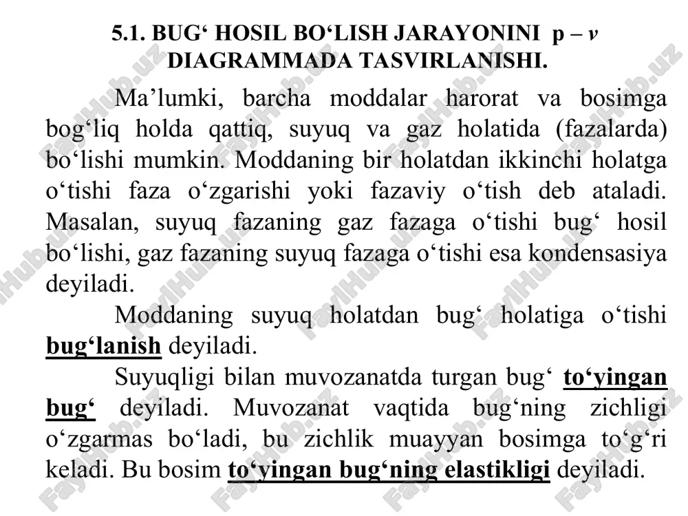 simi p1 ga mos bo‘lgan qaynash temperaturasi t=t1 da suv qaynaydi va bug‘ hosil bo‘lish boshlanadi (2-nuqta). suv va bug‘ning holatlarining o‘zgarishini pv- va ts – diagrammalarda belgilab boramiz. o‘ta qizigan bug‘ni p=const da hosil bo‘lish jarayoni ketma-ket keladigan uchta fizik jarayondan iborat: 1) suyuqlikni to‘yinish temperaturasigacha (tt) isitish; 2) tt = const da bug‘ hosil bo‘lishi; 3) bug‘ni o‘ta qizdirish va buning natijasida uning temperaturasini ko‘tarilishi. 2-nuqtada porshen ostida 1–fazali tizim, ya’ni suv bo‘ladi. tashqaridan beriladigan issiqlik miqdori ortib borgan sayin temperatura o‘zgarmaydi, bug‘ning miqdori ortib, suvniki kamayadi (3-nuqtagacha). 2-3 jarayonda quruq bug‘ va suyuqlikdan iborat nam to‘yingan bug‘ hosil bo‘ladi. shu jarayonda porshen ostida ikki fazali tizim (suv + bug‘) bo‘ladi. hajmdagi hamma suv miqdori 3-nuqtada to‘la gaz holatiga o‘tadi, ya’ni to‘yingan quruq bug‘ hosil bo‘ladi. jadal bug‘lanish o‘zgarmas bosim (p1=const) ostida sodir bo‘lganda yuqoridagi jarayon ham izobarik, ham izotermik bo‘ladi. ma’lumki, nam to‘yingan bug‘ning asosiy tavsifi uning …