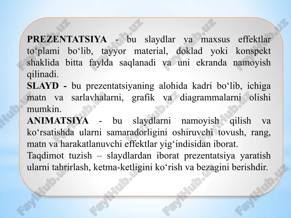 k oynasiga «ms word dasturining glavnaya menyusi va uni sozlash» matnini kiritamiz. shrift razmerini 44, rangini osmon rangi qilib tanlaymiz. 2. tekst slayda oynasiga «ms word dasturining glavnaya menyusi va uni sozlash» rasmini kiritamiz. 3-topshiriq. «ms word dasturining vstavka menyusi va uni sozlash» nomli slayd tashkil qilamiz. 1. slayd zagolovok oynasiga « ms word dasturining vstavka menyusi va uni sozlash » matnini kiritamiz. shrift razmerini 44, rangini osmon rangi qilib tanlaymiz. 2. ms word dasturining vstavka menyusi rasmini kiritamiz. 4-topshiriq. «microsoft word dasturida jadvallar bilan ishlash» nomli slayd tashkil qilamiz. 1. slayd zagolovok oynasiga «microsoft word dasturida jadvallar bilan ishlash»matnini kiritamiz. shrift razmerini 44 deb olamiz. 2. tekst slayda oynasiga tablitsa muloqot oynasi rasmini kiritamiz. 5-topshiriq. “microsoft word matn prosessorida rasm va sxemalar chizish”. nomli slayd tashkil qilamiz. 1. slayd zagolovok oynasiga «microsoft word matn prosessorida rasm va sxemalar chizish» matnini kiritamiz. shrift razmerini 44 deb olamiz. 2. microsoft word …