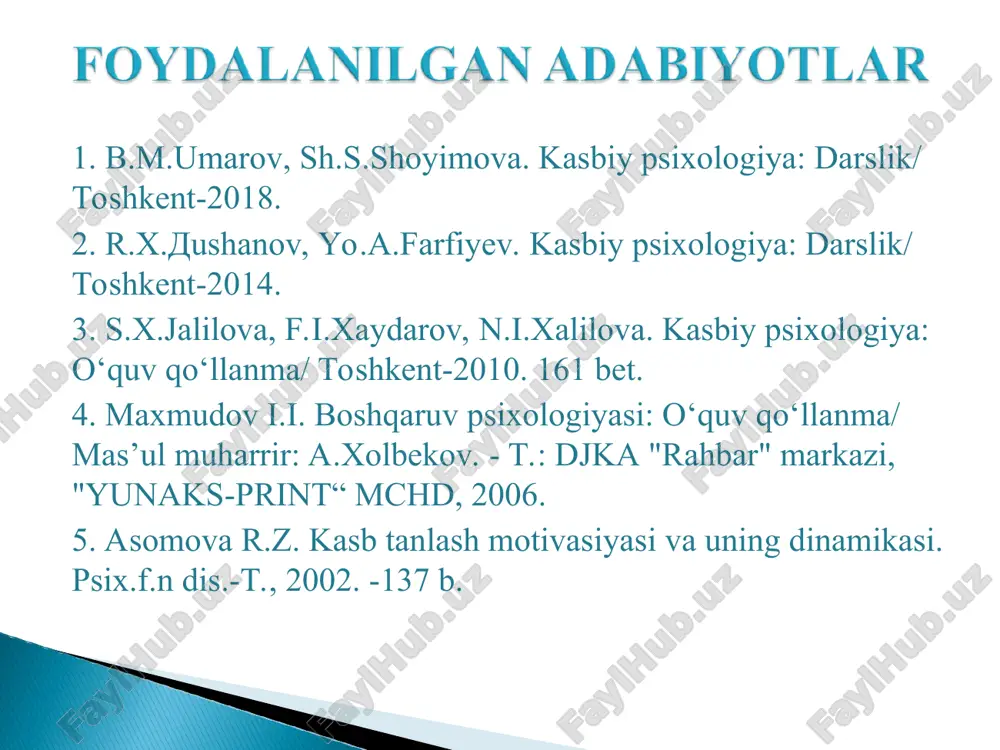 ipidagi kasblar quyidagilar bo‘lishi mumkin: qazib olingan tuproq, tog‘ jinslariga ishlov berish bilan bog‘liq bo‘lgan kasblar: proxodkachi, buldozer mashinisti, burg‘ulash kurilmasining dizelisti, kon texnigi, muxandis-geolog va shunga o‘xshashlar; nometall sanoat materiallari, buyumlar, chala mahsulotlarga ishlov berish va ulardan foydalanish bilan bog‘liq bo‘lgan kasblar: duradgor, keng profildagi optik, to‘quvchi, tikuvchi-modeler, muxandis-texnolog va boshqalar; metall ishlab chiqarish va unga ishlov berish, mashinalarni, priborlarni mexanik usulda yig‘ish va montaj qilish bilan bog‘liq bo‘lgan kasblar: tokar, programma bilan boshqariladigan stanoklar operatori, slesar-asbobsoz, texnik- metallurg, yarim avtomat mashinalarda elektr bilan payvandlovchi va hokazo; texnologiya mashinalari, jihozlari, transport vositalarini remont qilish, sozlash va ularga xizmat ko‘rsatish bilan bog‘liq bo‘lgan kasblar: ta‘mirlovchi- chilangar, texnologik jihozlar sozlovchisi, muhandis-mexanik va boshqalar; “odam-texnika” tipidagi kasblar quyidagilar bo‘lishi mumkin: binolar, inshootlar, konstruksiyalarni montaj, tamirlash bilan bog‘liq bo‘lgan kasblar: armaturachi-betonchi, qo‘lda ishlatiladigan asbob bilan kavsharlovchi-elektr payvandlovchi, chilingar-tamirlovchisi, arxitektor va boshqalar; elektr jihozlarini, priborlarni va apparatlarni yig‘ish, montaj qilish bilan bog‘liq bo‘lgan kasblar: …