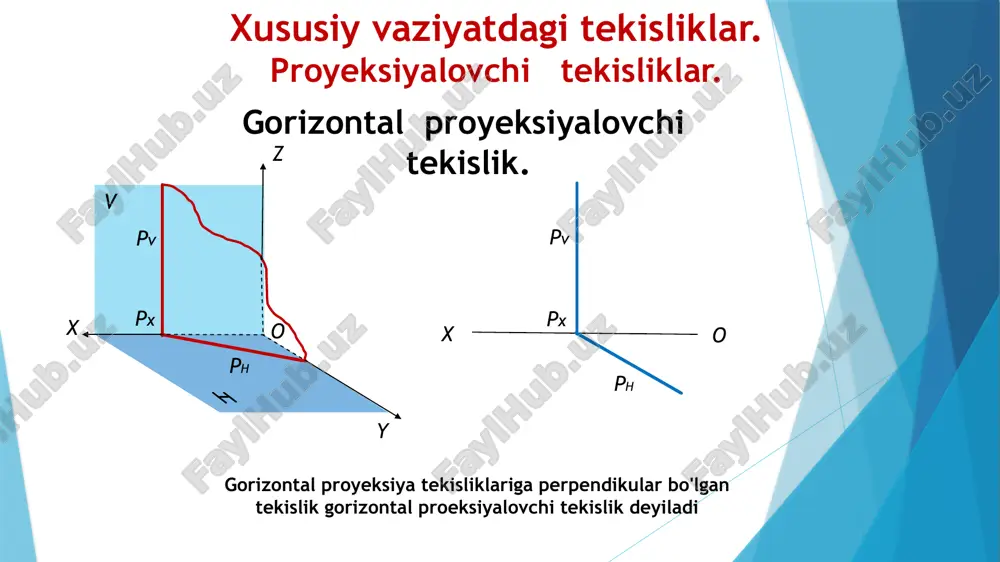 ni ifodalaydi. chunki abph va a′b′ ph bo‘lgani uchun bu ikki yoqli α burchakning qiymatini aniqlaydi. q(qh, qv) tekislikning v tekislik bilan hosil etgan β burchagini yasash uchun q tekislikning frontal qv izida ixtiyoriy e″qv nuqta tanlab olinadi. bu nuqta orqali qv ga perpendikulyar qilib tekislikning v tekislikka nisbatan eng katta og‘ma chizig‘ining frontal proyeksiyasi e″f″^qv o‘tkaziladi va uning e′f′ gorizontal proyeksiyasi yasaladi. bu chiziqning v tekislik bilan hosil qilgan β burchagi to‘g‘ri burchakli e″f″f0 orqali aniqlanadi. bu burchak q va v tekisliklar orasidagi ikki yoqli burchakning haqiqiy qiymatiga teng bo‘ladi: β=q^v. image1.jpeg image2.jpeg image3.png image4.png image5.png image6.png /docprops/thumbnail.jpeg