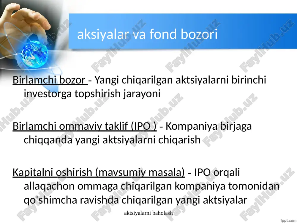 kompaniyalar o'sishi va zaxiralar o'sishi kompaniya o'sishi - bu: talab qilinadigan daromad stavkasidan (wacc) yuqori bo'lgan daromad darajasiga ega kompaniya. kelajakda daromadni oshirish imkoniyati mavjud. firmaning sotuvi va daromadi shu kabi riskli firmalar va umumiy iqtisodiyotga qaraganda tezroq o'sadi. o'rtacha investitsiya imkoniyatlaridan yuqori bo'lgan yosh kompaniyalar. ushbu kompaniyalar o'z daromadlarining katta qismini ushbu investitsiya loyihalarini moliyalashtirish uchun saqlab qolishadi. kam dividend to'lash nisbati. yoki ba'zida dividend yo'q. zaxira o'sishi : bozordagi shunga o'xshash risk xususiyatlariga ega bo'lgan boshqa aksiyalarga qaraganda kutilgan daromad darajasi yuqori bo'lgan aksiya bu yuqori darajadagi xavf-xatarga moslashtirilgan daromad darajasiga erishadi, chunki bozor uni boshqa aksiyalarga nisbatan past baholagan . kompaniyalar o'sishi va zaxiralar o'sishi qimmatli qog'ozlar bozori yangi ma'lumotlarni aks ettirish uchun qimmatli qog'ozlar narxini nisbatan tez va aniq moslashtirgan bo'lsa-da, mavjud ma'lumotlar har doim ham mukammal yoki to'liq bo'lavermaydi. shu sababli, to'liq bo'lmagan ma'lumotlar bir vaqtning o'zida qimmatli qog'ozlarning kam baholanishiga yoki ortiqcha baholanishiga olib …