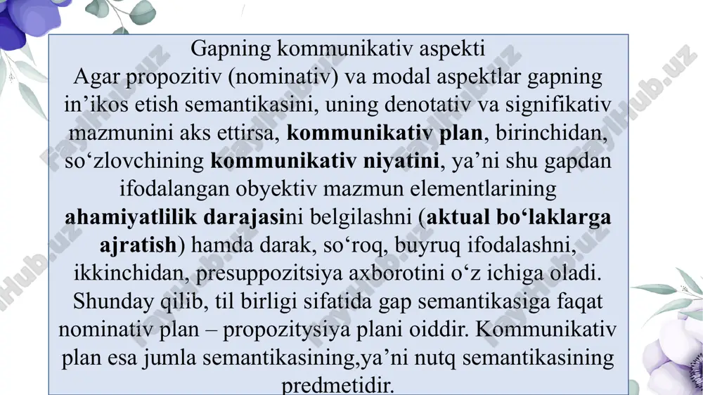 v fikricha, o‘rta osiyo filologlari, xususan, zamaxshariy asarida ham bu hodisa ma’lum bo‘lgan. aktual bo‘linish qismlarini ifodalash uchun maxsus terminlar qo‘llangan: mavzu (tema), mahmul (rema). xix asrning mashhur nemis olimi g.fon de gabelens ushbu hodisani ruhiy aspektda o‘rganib, so‘zlovchi ongida hosil bo‘ladigan tasavvur bog‘lanishiga e’tibor beradi. nutq predikati sifatida ishtirok etadigan birinchi tasavvur “ruhiy subyekt”, “ruhiy subyekt” haqida ma’lumot beradigan ikkinchi tasavvur “ruhiy predikat” bo‘ladi, deydi. g.paul ham ushbu hodisa yuzasidan shunga o‘xshash fikr yuritadi. u “ruhiy ega”, “ruhiy kesim” terminlaridan foydalangan holda, jumlada eng nuhim gap bo‘lagi mantiqiy urg‘u ostida bo‘lgan ruhiy kesim ekanligini aytadi. u karl ertaga berlinga ketadi gapidagi 4 gap bo‘lagidan har biri ma’lum-noma’lumlik belgisiga ko‘ra ruhiy kesim bo‘lib kelishi mumkinligini ta’kidlaydi. mantiqiy urg‘u ostidagi bo‘lak ruhiy kesim bo‘ladi va u noma’lum narsa haqida yangi ma’lumot berishini aytadi bu masala mashhur rus tilshunoslari f.f.fortunatov, a.m.peshkovskiy, a.v.shcherba, v.v.vinogradov asarlarida ham ma’lum darajada aks etdi. f.f.fortunatov fikricha, ruhiy …