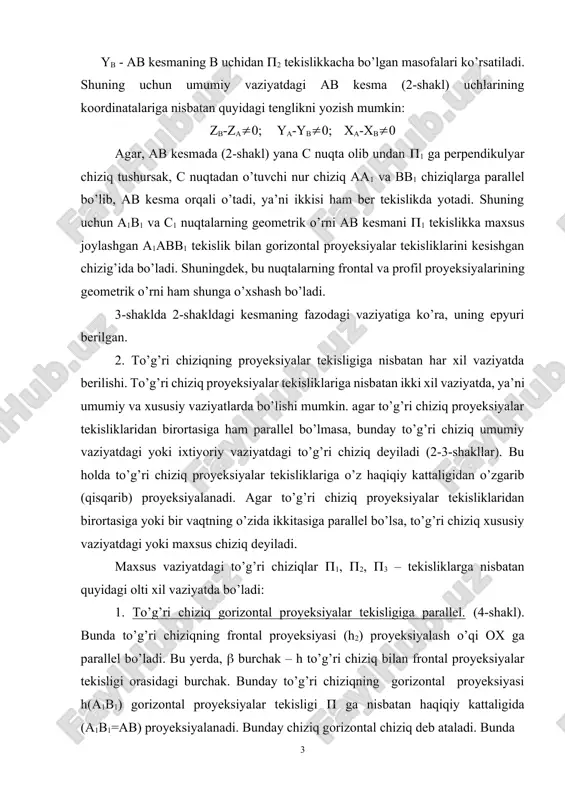 siyalar tekisligiga parallel. (4-shakl). bunda to’g’ri chiziqning frontal proyeksiyasi (h2) proyeksiyalash o’qi ox ga parallel bo’ladi. bu yerda, burchak – h to’g’ri chiziq bilan frontal proyeksiyalar tekisligi orasidagi burchak. bunday to’g’ri chiziqning gorizontal proyeksiyasi h(a1b1) gorizontal proyeksiyalar tekisligi ga nisbatan haqiqiy kattaligida (a1b1=ab) proyeksiyalanadi. bunday chiziq gorizontal chiziq deb ataladi. bunda za-zb=0; ya-yb0; xa-xb0 2. to’g’ri chiziq frontal proyeksiyalar tekisligiga parallel joylashgan. bunday to’g’ri chiziq frontal to’g’ri chiziq deyiladi va u f(f1f2) bilan belgilanadi. frontal chiziqning hamma nuqtalari frontal proyeksiyalar tekisligi (1) dan bir xil masofada bo’ladi. shuning uchun uning gorizontal proyeksiyasi (f1) ox o’qqa parallel bo’ladi. frontal chiziqning frontal proyeksiyasi (f2) o’zining haqiqiy kattaligi (f2=cd) bo’yicha proyeksiyalanadi, ya’ni c2d2=cd bo’ladi (5-shakl). burchak – f to’g’ri chiziq bilan gorizontal proyeksiyalar tekisligi orasidagi burchak. bunda: zd-zc0; yd-yc=0; xc-xd0 bo’ladi. 3. to’g’ri chiziq (p) profil proyeksiyalar tekisligiga parallel joylashgan. bu to’g’ri chiziq profil proyeksiyalar tekisligiga o’zining haqiqiy kattaligida proyeksiyalanadi, ya’ni p3=k3e3. bunday …