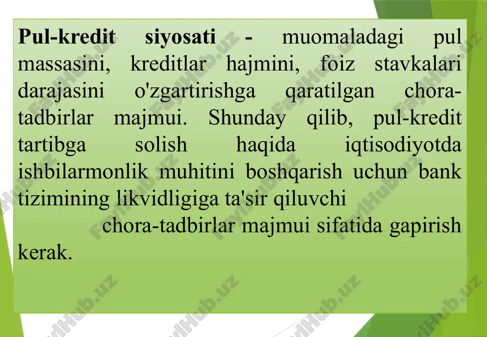 aviy holati bankning moliyaviy oqimlar mutanosibligini, to‘lov qobiliyatini, likvidliligi va rentabelli faoliyatini saqlab turish uchun mablag‘larning yetarliligini, shuningdek barcha prudensial normativlar bank tomonidan bajarilishini ifodalovchi holati; “prudensial ” tushunchasi ehtiyotkor, uzoqni ko‘radigan degan ma’nolarni anglatib, “nazorat” so‘zi bilan birga qo‘llanilganda kredit tashkilotlari faoliyatida yuzaga kelishi mumkin bo‘lgan xatarlar va muammolarni bartaraf qilishga imkon beruvchi masofadan nazorat ma’nosini anglatadi markaziy banklar tomonidan bajariladigan operatsiyalar quyidagi to’rt guruhga (turga) bo’linadi: banknotlarning monopol emissiyasini amalga oshirish; markaziy bank- banklar banki hisoblanadi; markaziy bank- xukumat bankiri hisoblanadi; markaziy bank pul - kredit munosabatlarini tartibga soladi va bank nazoratini amalga oshiradi. markaziy bank kredit moliya-tizimining barqarorligini ta’minlash, uning alohida bo’g’inlarining birinchi navbatda tijorat banklari faoliyatini barqarorligini ta’minlash mamlakat markaziy bankning asosiy vazifasi hisoblanadi. markaziy bankning yana bir asosiy vazifalaridan kredit organlari (tizimini) faoliyatini tartibga solish va umumlashtirishdan iboratdir. markaziy bank quyidagilarni amalga oshiradi: pul taklifi (pul massasi)ni o‘zgartiradi va nazorat qiladi; foiz stavkasi darajasini o‘zgartiradi …