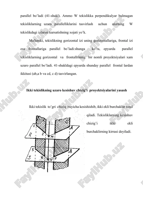 orizontal chiziq bo‘yicha kesishadi. a) b) 102-rasm 103-rasm 103-a,b-rasmda umumiy vaziyatdagi t tekislik bilan h1 gorizontal tekislikning kesishish chizig‘i h gorizontal bo‘ladi. haqiqatdan, h1 gorizontal tekislikning har bir nuqtasi h tekislikdan baravar uzoqlikda joylashgani uchun, tekisliklarning kesishuvchi chizig‘i h||h bo‘ladi. agar umumiy vaziyatdagi tekislik frontal tekislik bilan kesishgan bo‘lsa, bu tekisliklar frontal bo‘yicha kesishadi. ammo kesishuvchi tekisliklarning biri proyeksiyalovchi tekislik bo‘lsa, proyeksiyalovchi tekislikning xossasiga muvofiq, ularning kesishish chizig‘ining proyeksiyalaridan biri proyeksiyalovchi tekislikning izida bo‘ladi (104-rasm). kesishuvchi tekisliklarning bir nomli izlari chizma chegarasida kesishmasa, ularning kesishish chizig‘ini yordamchi tekisliklar vositasida aniqlash mumkin. masalan, umumiy vaziyatdagi p(ph, pv) va t(th, tv) tekisliklarning kesishish chizig‘ini yasash uchun h1 gorizontal va v1 frontal tekisliklardan foydalaniladi (105-rasm). h1 gorizontal tekislikning frontal izini h1v∥h qilib o‘tkaziladi. bu tekislik p tekislikni h1(h1′, h1″), t tekislikni h2(h2′, h2″) gorizontallar bo‘yicha kesadi. bu gorizontallarning kesishgan e(e′,e″) nuqtasi e′=h1′çh2′ va e″=h1″çh2″ p va t tekisliklarning kesishish chizig‘ining umumiy nuqtalaridan biri …