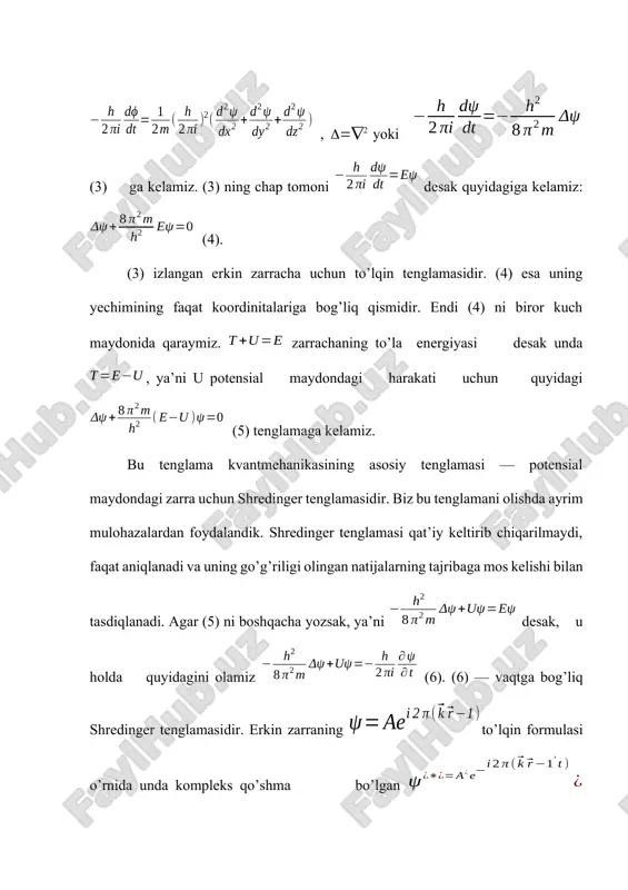 o’lqin intensivligi. 2 —sohada esa faqat o’tgan to’lqin tarqalgani uchun va deb olishimiz mumkin. endi tushayotgan to’lqin amplitudasini deb olib - va —ni topamiz. funksiyaninging ikkala soha chegarasida uzluksizligi: dan (14) bo’ladi. hosilaning uzluksizligi dan esa (15) ga kelamiz. endi (14) va (15) dan (*) ni topamiz. endi qaytarish koeffitsenti va shaffoflik koeffitsenti ni topamiz. qaytarish koeffitsenti qaytayotgan va tushayotgan to’lqinlar amplitudalari kvadrati nisbatiga teng, ya’ni . shaffoflik koeffitsentini topish uchun esa o’tayotgan va tushayotgan to’lqinlarning amplitudalari kvadrati nisbatini zarralarning 2 va 1 sohalaridagi tezliklari nisbatiga ko’paytirish kerak. bunda . endi (*) — formuladan foydalanib -shaffoflik koeffitsienti uchun quyidagi ifodani topamiz. . — korpuskulyar nuqtai — nazardan zarrachaning sohalar chegarasida qaytish ehtimolligi, esa 2 —sohaga o’tish yoki potensial baryerdan o’tish ehtimolidir. shu sababli ekanligini topish mumkin, chunki zarra ikki soha chegarasida yo qaytadi yo o’tadi deb ishonch bilan aytish mumkin. b) bo’lganda klassik mehanikaga ko’ra 1—sohadan 2 —ga o’tish mumkin …