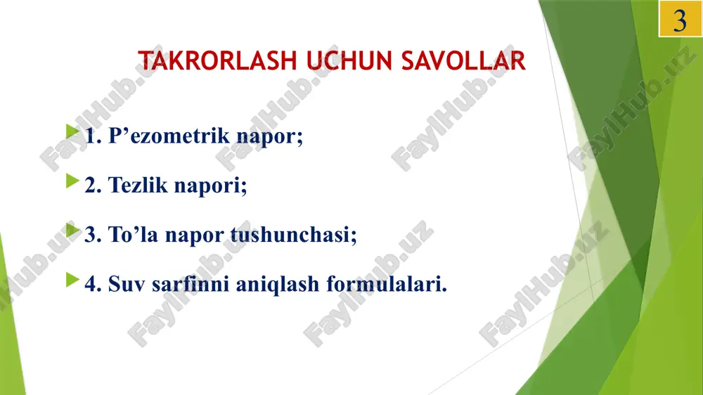 amiliyangizdagi xarflar soni. - ismingizdagi xarflar soni, 31 berilgan: berilgan: 1-masala 2-masala 3-masala suv o’tkazgichlar tasnifi klasster ped. texnologiyasi suv o’tkazgichlar tasnifi 32 mustaqil topshiriq suv o’tkazgichdan o’tayotgan sarf naychadan oqib chiqayotgan sarf 33 adabiyotlar 1. a.arifjanov “ochiq o’zanlar gidravlikasi’ darslik 2022 y. 2. a.arifjanov, q.rahimov “o’zandagi jarayonlar” o’quv qo’llanma. 2022 y. 3. a. arifjanov, q.rahimov, a. xodjiev “gidravlika” - toshkent, 2016 y. 4. k.sh.latipov, a.arifjanov, x.kadirov, b.toshov “gidravlika va gidravlik mashinalar”, navoiy. alisher navoiy, 2014 y. 5. melvyn kay, practical hydraulics (taylor & francis 2 park square, milton park, abingdon, oxon ox14 4rn ) 2008.-253 pages 6. john fenton a first course in hydraulics (vienna university of technologiy, austria ), 2012. -120 pages 7. a.arifjanov, p.n.gurina. “gidravlika” -tashkent. timi, 2011y. 8. www.gidravlika-obi-life.zn.uz 34 35 https://www.youtube.com/channel/uct66s9f4hi9-7jaczzlmetahttp: //tiiame.uz/ https://hemis.tiiame.uz/ tel.: 71-237-19-71 pochta: babajanovf86@mail.ru www.gidravlika-obi-life.zn.uz murojat uchun manzillar 36 eʼtiboringiz uchun rahmat image1.jpeg image2.png image3.png image4.png image5.png image6.png image7.png image8.png image9.png image10.png …