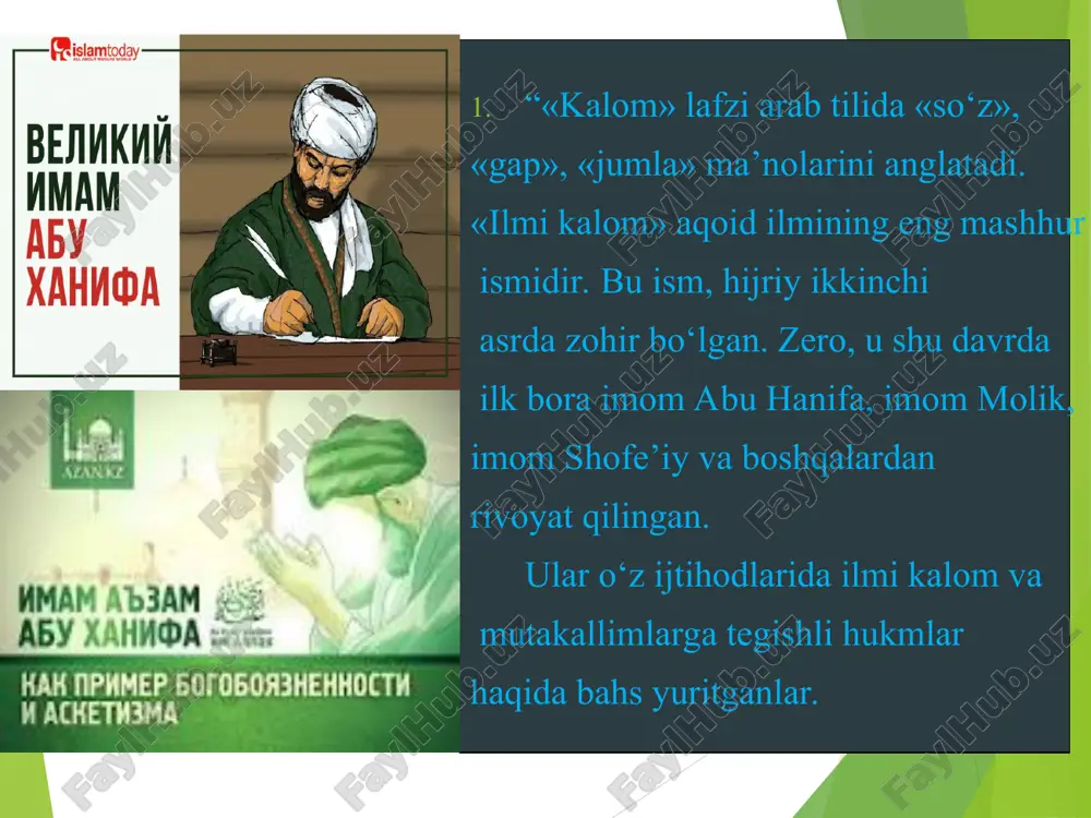 rning barchasi aqida bobida imom moturidiy, uning shogirdlari hamda izdoshlari yozib qoldirgan asarlarga tayanib o‘z fikrlarini keltirganlar. kundali (empirik) bilish ulamolar ilmi kalomning ta’rifida ham bir necha xil fikrlar aytganlar. eng qadimgita’rif abu nasr farobiy ga tegishli bo‘lib, u: «kalom sinoati ila millatning asoschisi aytgan chegaralangan gap va ishlar ga nusrat berilurva unga xilof qilgan barcha so‘zlarni behudaga chiqarilur», degan. ilmi kalom haqida imom g‘azzoliy quyidagilarni aytadi: «u bir ilm bo‘lib, uning maqsadi ahli sunnaning aqiydasini ahli bid’atning tashvishidan muhofaza qilish va qo‘riqlashdir. alloh taolo o‘z bandalariga o‘z nabiyi tilida haq aqiydani ilqo qildi. unda ularning dini va dunyosining salohi bordir. shuningdek, u haqda qur’on va xabarlar nutq qildi. . kalom masalalari bo‘yicha bahslar musulmon olamidagi o‘sha vaqtning ko‘zga ko‘ringan aqiydaviy mazhablari: ahli sunna val jamoa, mo‘taziliylar, murji’iylar, xavorijlar va shialar o‘rtasida bo‘lgan. keyinchalik allohning kalomiga tegishli bahslardan allohning sifatlariga, islom davlati boshlig‘i – imomga oid masalalarga, qazo va qadar …
