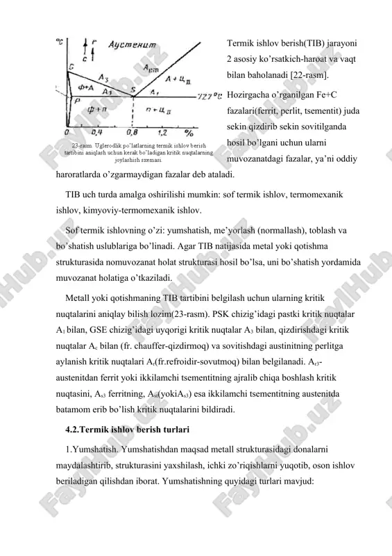 s yuqoriga qizdirilib ushlab turilgach, asta-sekin sovitiladi. bu jarayon 15-18 soat davom etadi. 2).chala yumshatish po’lat quymalar va detallarni mexanik ishlov berishdan oldin kritik nuqtalar(a1 va a3) oralig’igacha qizdirilib, ushlab turilgach asta-sekin sovitiladi. bunda faqat perlit strukturasi qayta krisstallanadi. 3).izotermik yumshatish uchun po’lat quyma yoki buyum as3+(30-50os) gacha qizdirilib, ushlab turilgach 600-700os haroratli muhitga o’tkazilib austenitdan, ferritdan, perlitli yoki perlitli struktura hosil bo’lgunicha ushlanadi va so’ngra sovuq havoda sovitiladi. bunday yumshatishni 3-4 soatda amalga oshirish mumkin. 4).donador tsementitga aylantirish uchun evtektoiddan keyingi (c>0,8%) va legirlangan po’lat buyumlarning strukturasidagi plastinkasimon tsementit donalari mayda donali qilinadi. bunda po’latni as1 dan sal yuqori haroratgacha qizdirib (750-760os) ushlab turilgach asta-sekin sovitiladi. 5).diffuzion yumshatish po’lat quymalardagi kimyoviy notekislikni yuqotish uchun qo’llaniladi. buning uchun yirik quymalarni as3 dan 200-300os yuqorigacha(1050-1150os) qizdirilib ushlab turilgach(8-12 soat) 500-600os gacha asta-sekin so’ngra ochiq havoda sovitiladi. 6).qayta kristallab (rekrisstallizatsion) yumshatish usulbi sovuqlayin bosim bilan ishlov berish (prokat, yumshatish, shtamplash) natijasida detallar …
