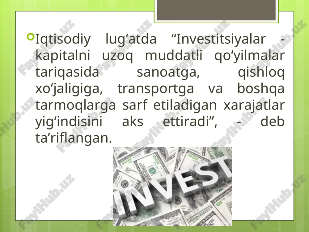 to‘g‘ridan-to‘g‘ri eksporti bo‘lib, investitsiya kirituvchiga shu korxona ustidan nazorat qilish huquqini beradi. bunda korxona asosiy kompaniyaning xorijdagi shaxobchasiga aylanadi. bevosita xorijiy investitsiyalar (bxi) asosan xususiy tadbirkorlik kapitali shaklida bo‘ladi. xalqaro statistikada investitsiyalarni bxilar turiga kiritish bo‘yicha har xil yondashuvlar mavjud. xorijiy investorlar tomonidan nazorat qilish huquqini belgilovchi ko‘rsatkich sifatida ular ega bo‘lgan aksionerlik kapitalining hissasi ko‘rsatkichidan foydalaniladi. portfel investitsiyalar - shunday investitsiyalarki, bunda kapitalni daromad olish maqsadida korxonalarning aksiyalari, obligatsiyalari va boshqa qimmatli qog‘ozlarini sotib olish uchun sarflanadi. bunday investitsiyalar korxonalarning moliyaviy xo‘jalik faoliyati ustidan nazorat o‘rnatish huquqini bermaydi. xorijiy portfel investitsiyalar barcha xalqaro operatsiyalarni amalga oshirishda firmalar uchun muhim ahamiyatga ega. bu turdagi investitsiyalarga asosan moliyaviy muammolarni yechish uchun murojaat qilinadi. korporatsiyalarning moliyaviy bo‘limlari mablag‘larning bir mamlakatdan boshqa mamlakatga qisqa muddatli investitsiyalardan yuqori foyda olish uchun o‘tkazadilar. portfel investitsiyalar quyidagi ko‘rinishda bo‘lishi mumkin: -aksioner qimmatbaho qog‘ozlari - bozor muomalasidagi pul hujjati bo‘lib, hujjat egasining ushbu hujjatni chiqargan shaxsga nisbatan …